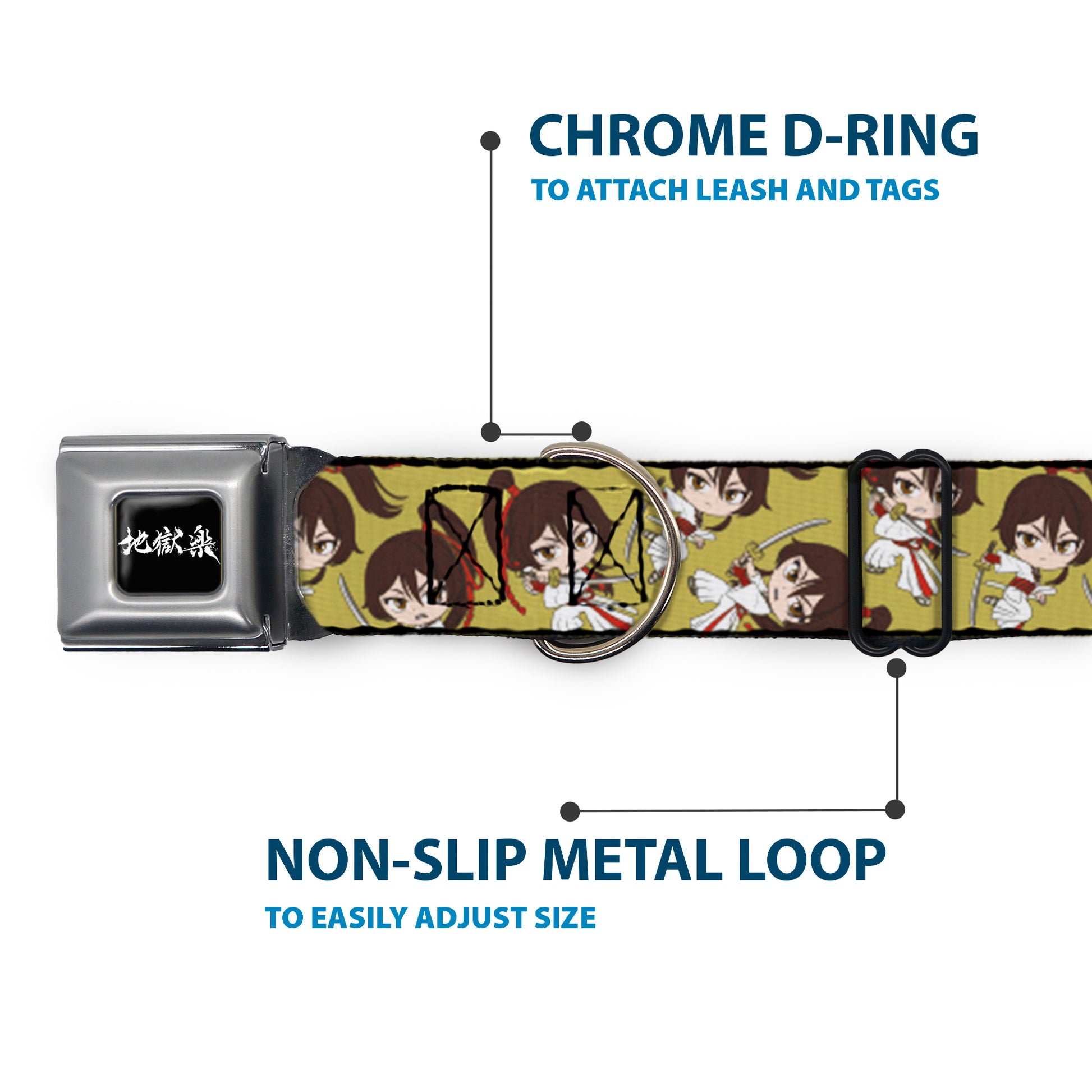 Hell's Paradise Kanji Title Logo Full Color Black/White Seatbelt Buckle Collar - Hell's Paradise Chibi Sagiri Sword Poses Scattered Golden Yellow Seatbelt Buckle Collars Hell's Paradise