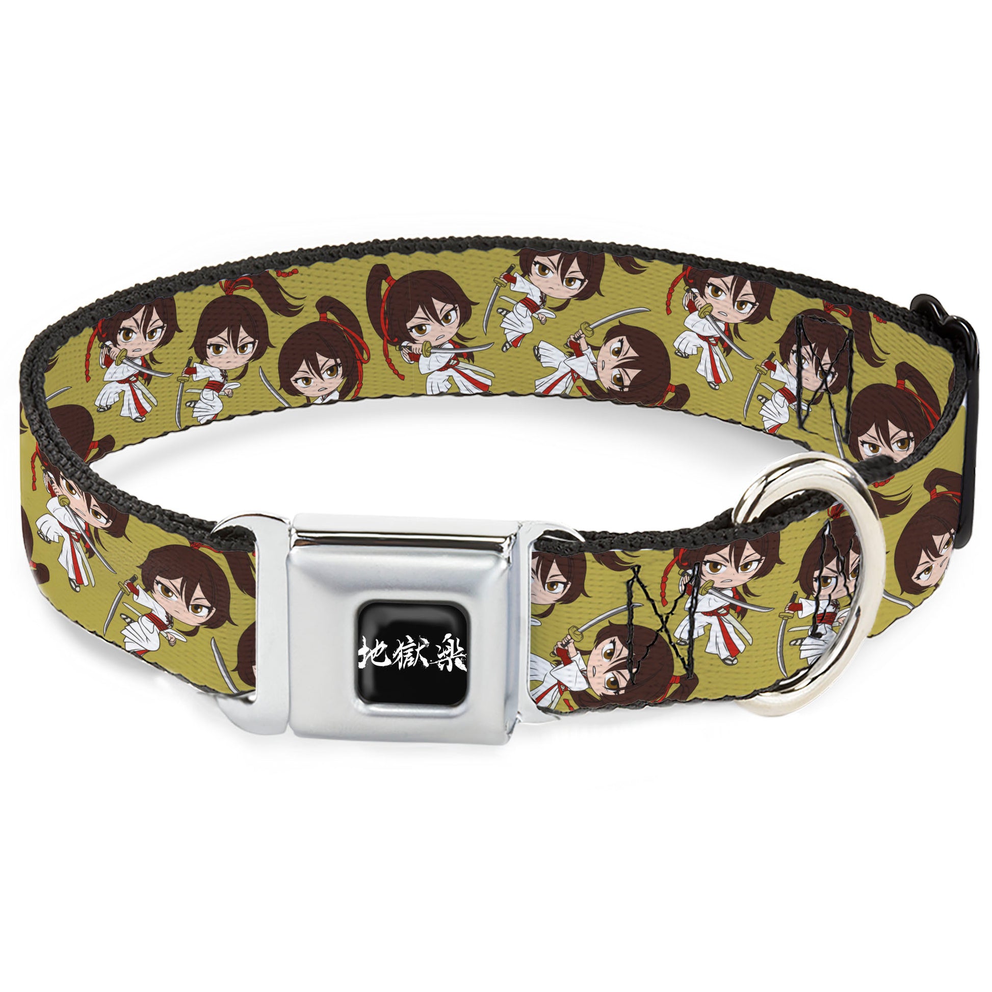 Hell's Paradise Kanji Title Logo Full Color Black/White Seatbelt Buckle Collar - Hell's Paradise Chibi Sagiri Sword Poses Scattered Golden Yellow Seatbelt Buckle Collars Hell's Paradise