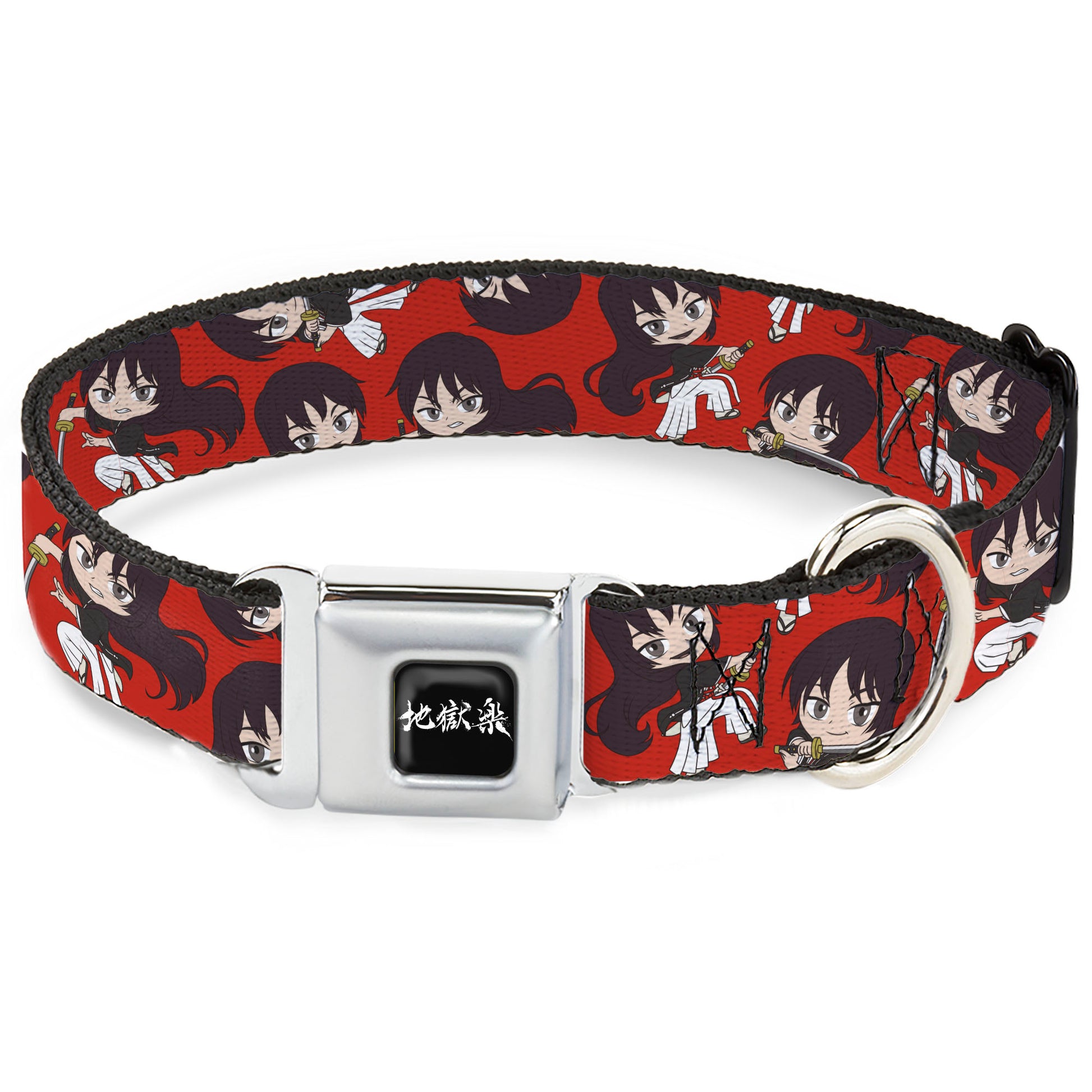 Hell's Paradise Kanji Title Logo Full Color Black/White Seatbelt Buckle Collar - Hell's Paradise Chibi Aza Toma Sword Poses Scattered Red Seatbelt Buckle Collars Hell's Paradise