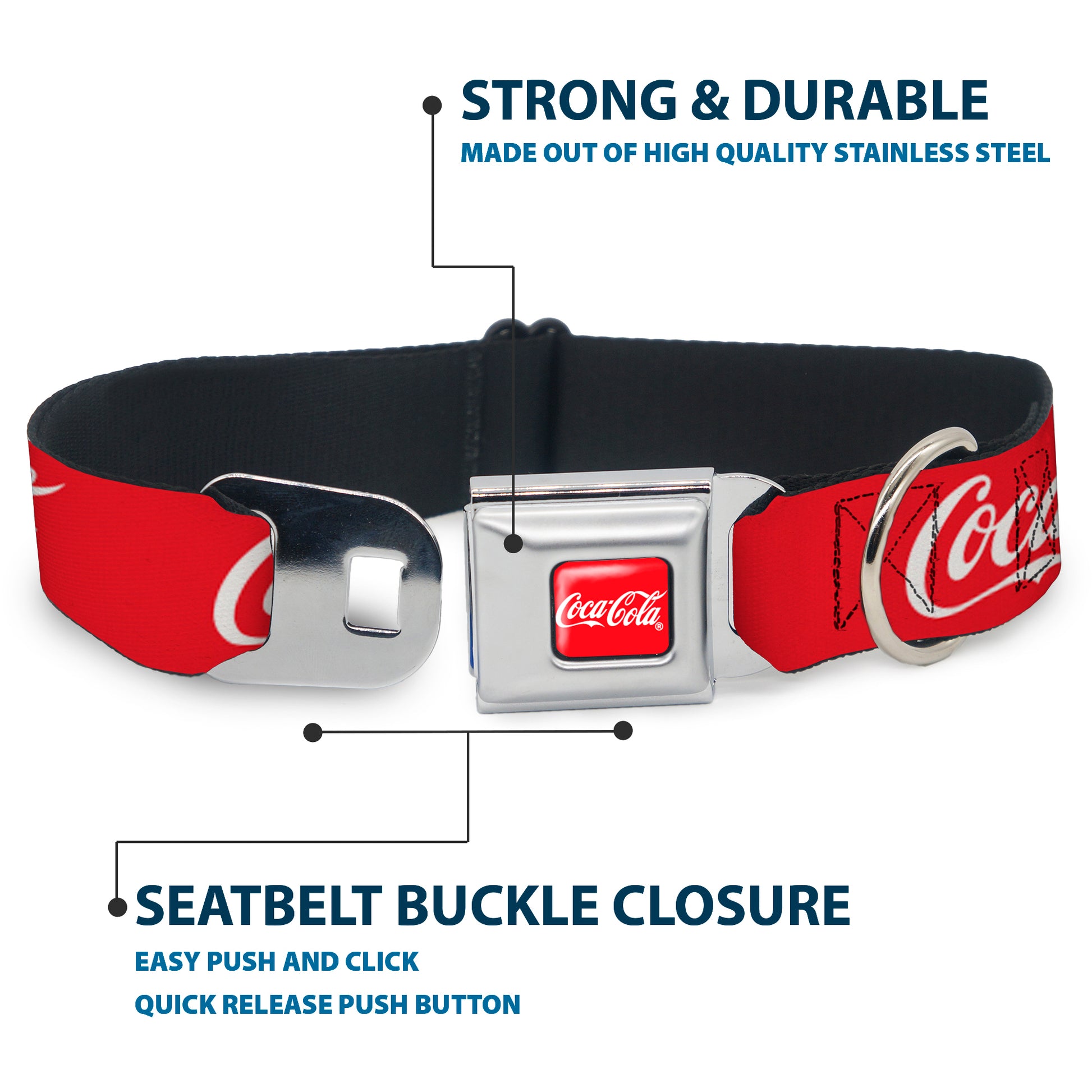 COCA-COLA Script Logo Full Color Red/White Seatbelt Buckle Collar - COCA-COLA Script Logo Red/White Seatbelt Buckle Collars Coca-Cola