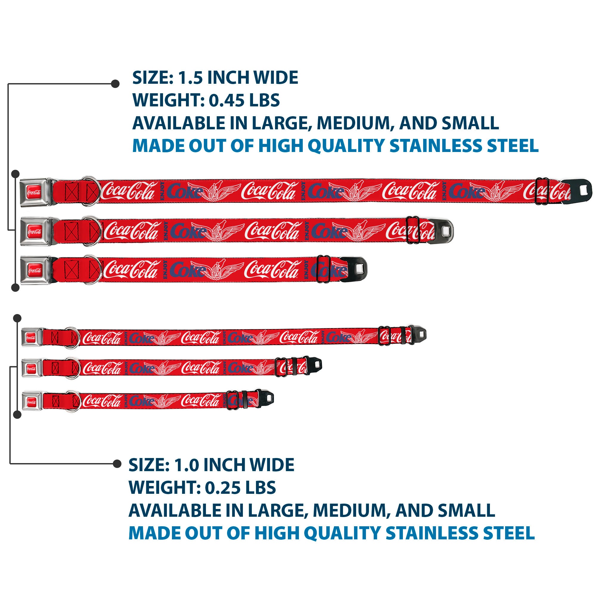 COCA-COLA Script Logo Full Color Red/White Seatbelt Buckle Collar - COCA-COLA ENJOY COKE Bottle in Hand Wings Logo Red/White/Blue Seatbelt Buckle Collars Coca-Cola