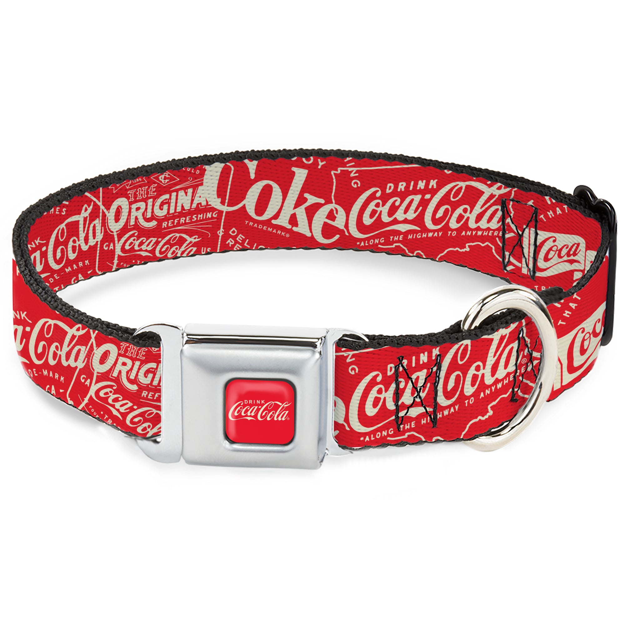 DRINK COCA-COLA Logo Full Color Red/White Seatbelt Buckle Collar - Vintage Coca-Cola Coke Icons and Ad Logos Red/White Seatbelt Buckle Collars Coca-Cola