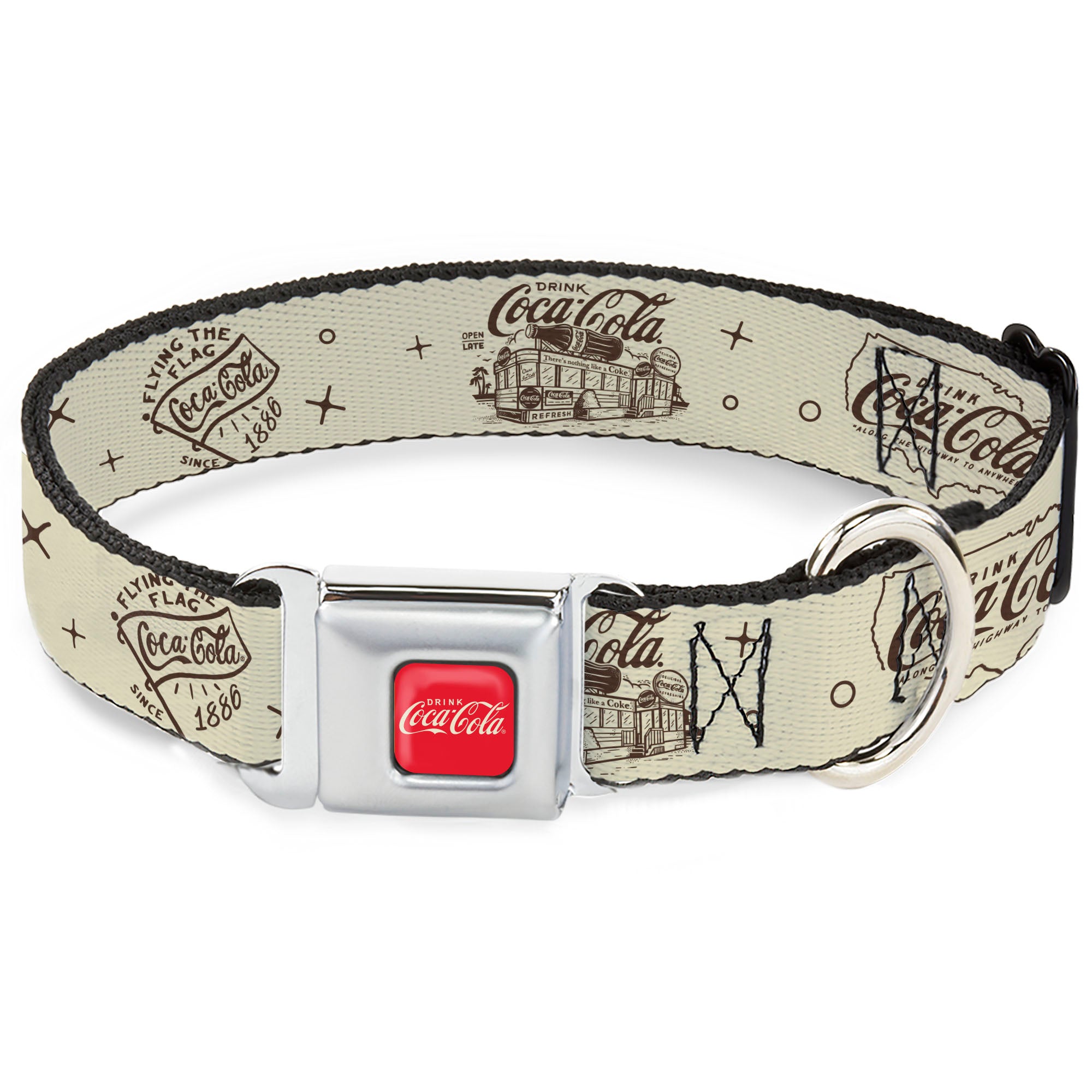 DRINK COCA-COLA Logo Full Color Red/White Seatbelt Buckle Collar - Vintage Coca-Cola Coke Icons and Ad Logos White/Brown Seatbelt Buckle Collars Coca-Cola