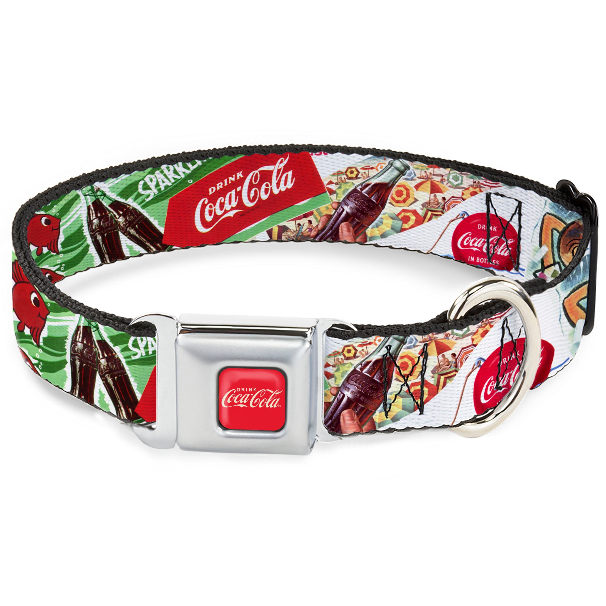 DRINK COCA-COLA Logo Full Color Red/White Seatbelt Buckle Collar - Vintage Coca-Cola GO REFRESHED Ads and Icons Collage Seatbelt Buckle Collars Coca-Cola