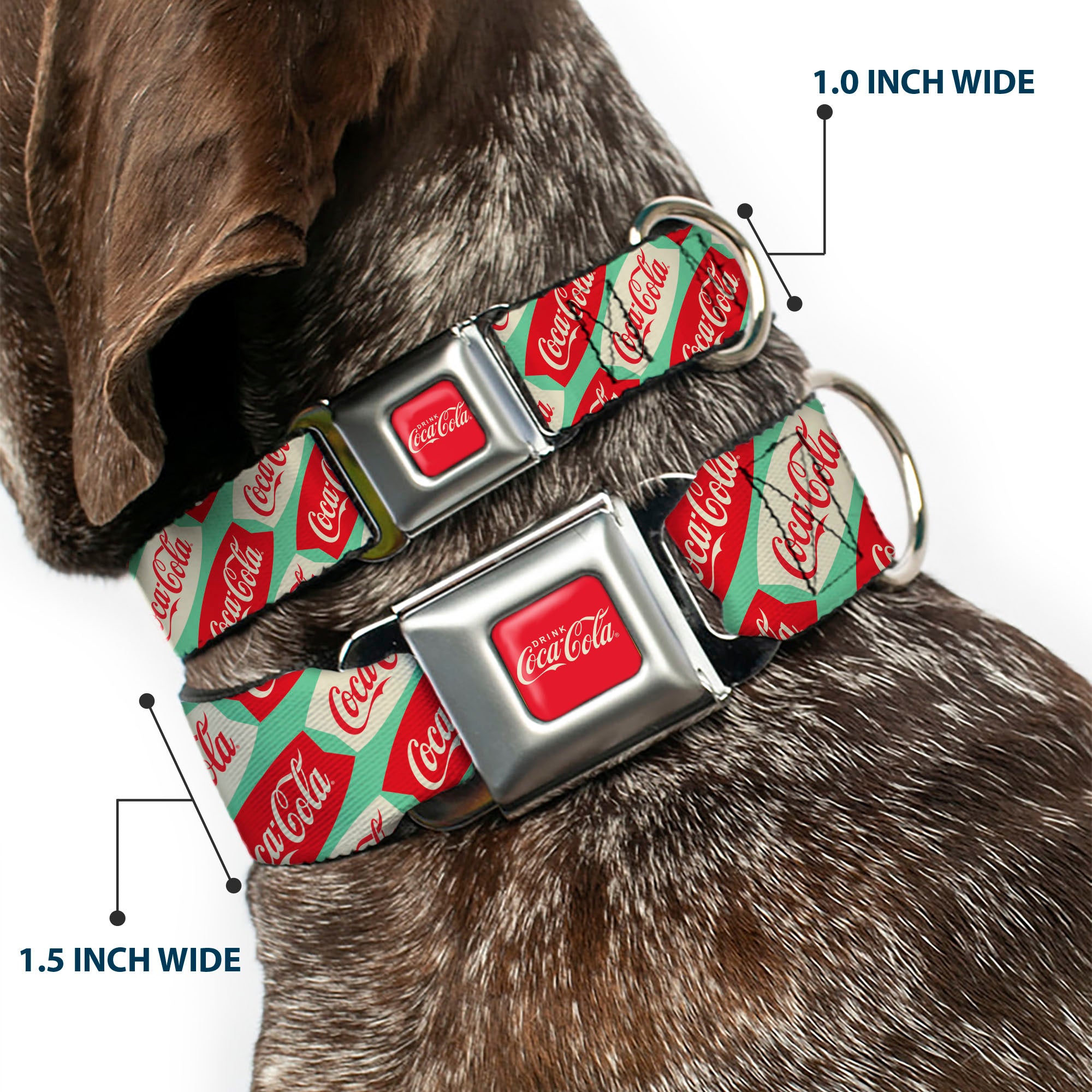 DRINK COCA-COLA Logo Full Color Red/White Seatbelt Buckle Collar - Coca-Cola Script Marquee Logo Green/Red/White Seatbelt Buckle Collars Coca-Cola