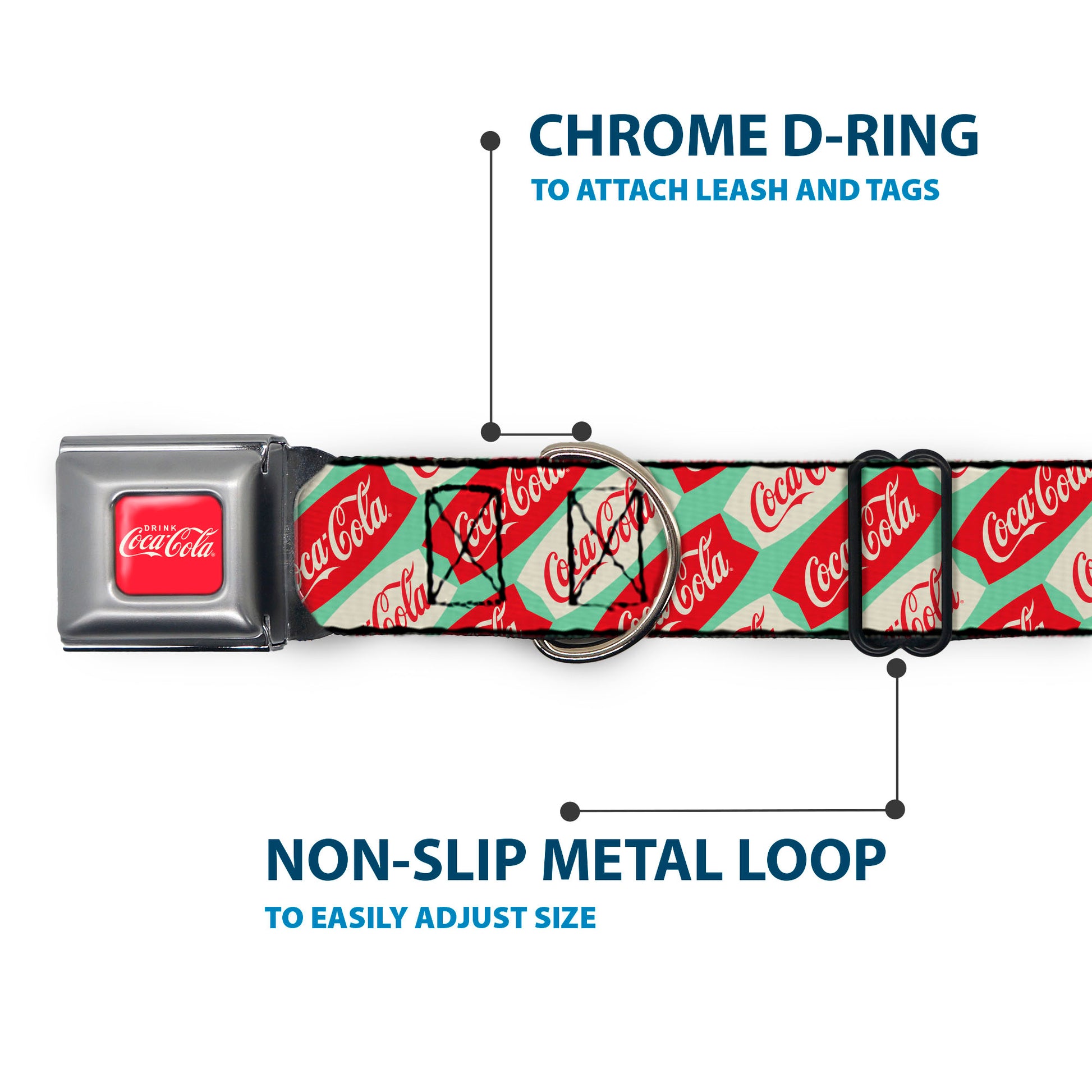 DRINK COCA-COLA Logo Full Color Red/White Seatbelt Buckle Collar - Coca-Cola Script Marquee Logo Green/Red/White Seatbelt Buckle Collars Coca-Cola