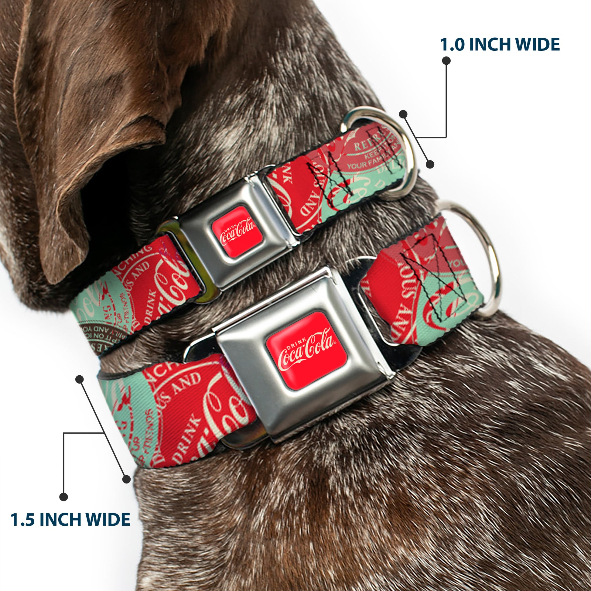 DRINK COCA-COLA Logo Full Color Red/White Seatbelt Buckle Collar - DRINK COCA-COLA Coke Patches Stacked Reds/Multi Color Seatbelt Buckle Collars Coca-Cola