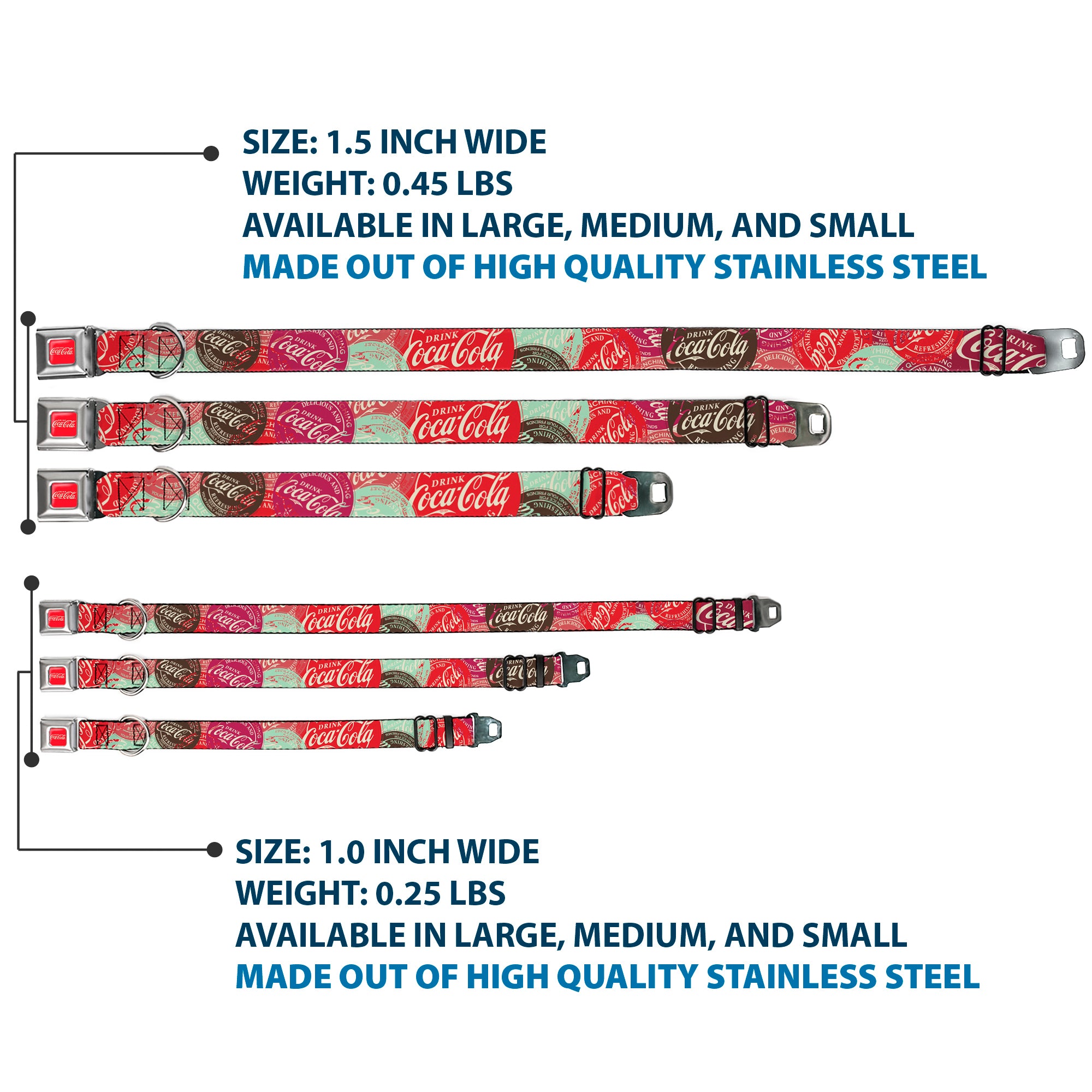 DRINK COCA-COLA Logo Full Color Red/White Seatbelt Buckle Collar - DRINK COCA-COLA Coke Patches Stacked Reds/Multi Color Seatbelt Buckle Collars Coca-Cola