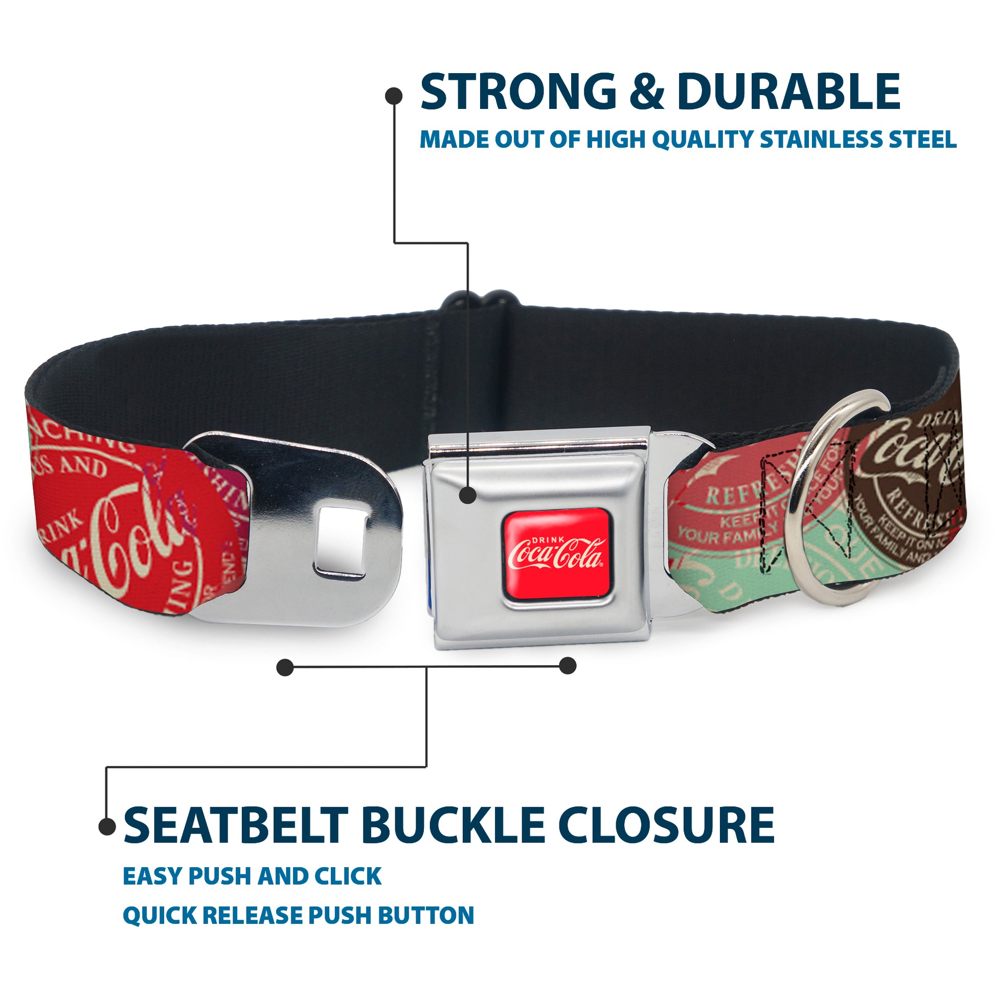DRINK COCA-COLA Logo Full Color Red/White Seatbelt Buckle Collar - DRINK COCA-COLA Coke Patches Stacked Reds/Multi Color Seatbelt Buckle Collars Coca-Cola