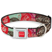 DRINK COCA-COLA Logo Full Color Red/White Seatbelt Buckle Collar - DRINK COCA-COLA Coke Patches Stacked Reds/Multi Color Seatbelt Buckle Collars Coca-Cola