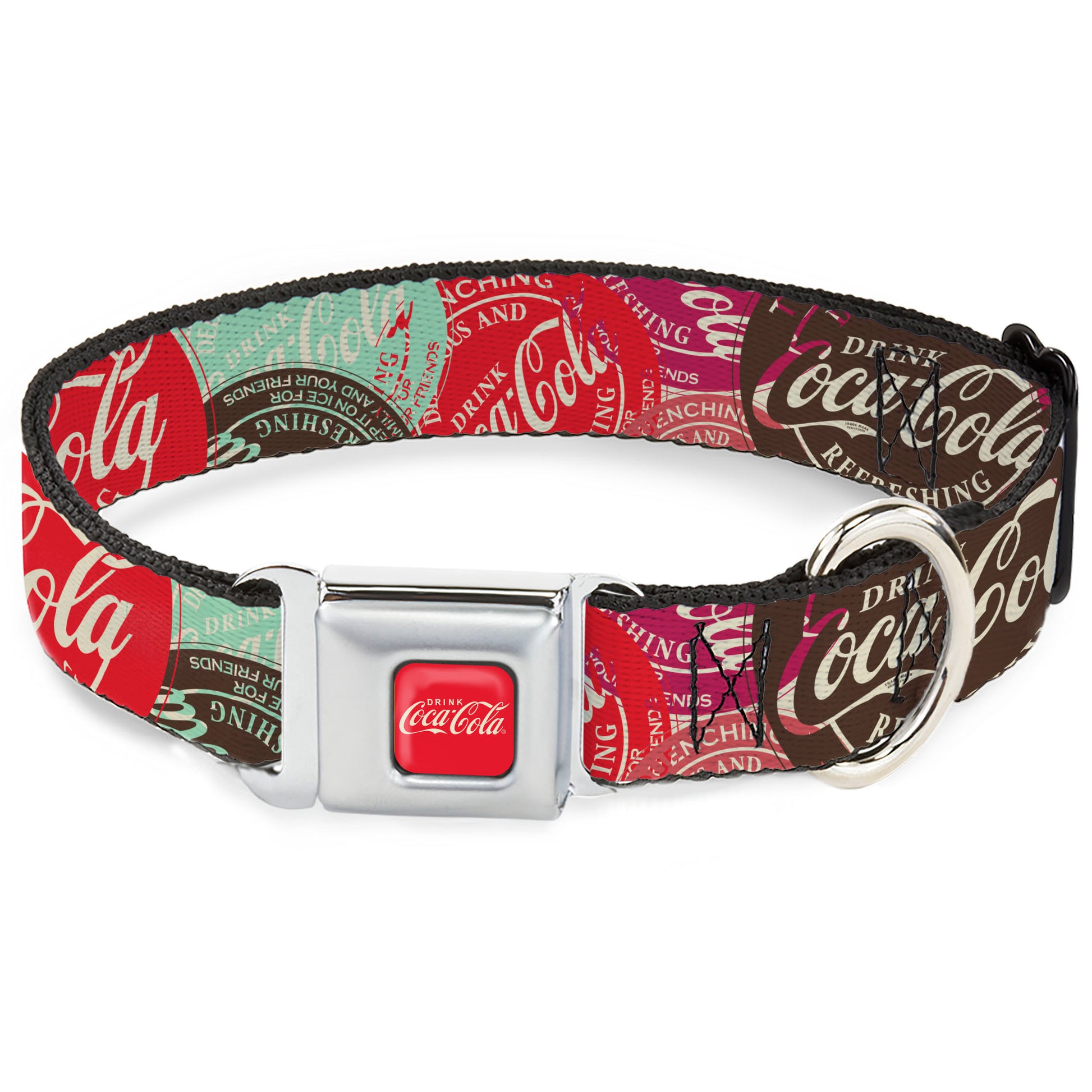 DRINK COCA-COLA Logo Full Color Red/White Seatbelt Buckle Collar - DRINK COCA-COLA Coke Patches Stacked Reds/Multi Color Seatbelt Buckle Collars Coca-Cola