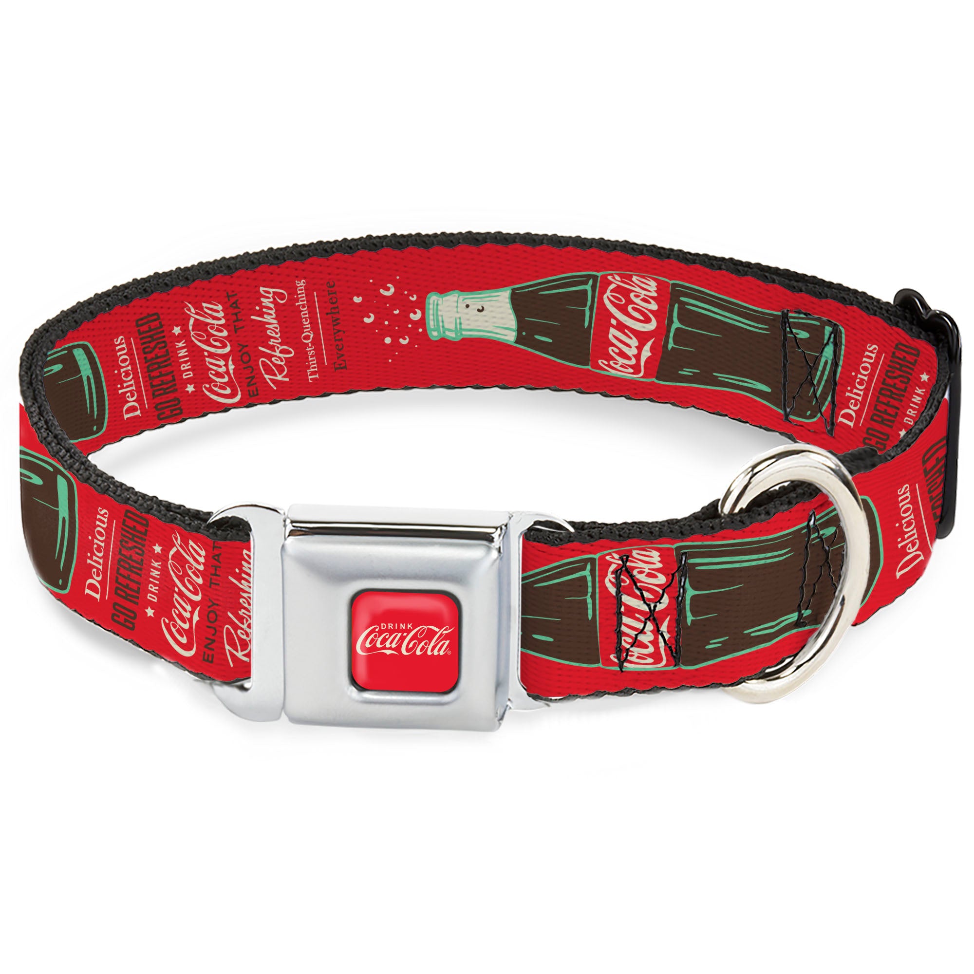 DRINK COCA-COLA Logo Full Color Red/White Seatbelt Buckle Collar - Vintage Coca-Cola DELICIOUS GO REFRESHED Typography and Bottle Red/Brown/White Seatbelt Buckle Collars Coca-Cola