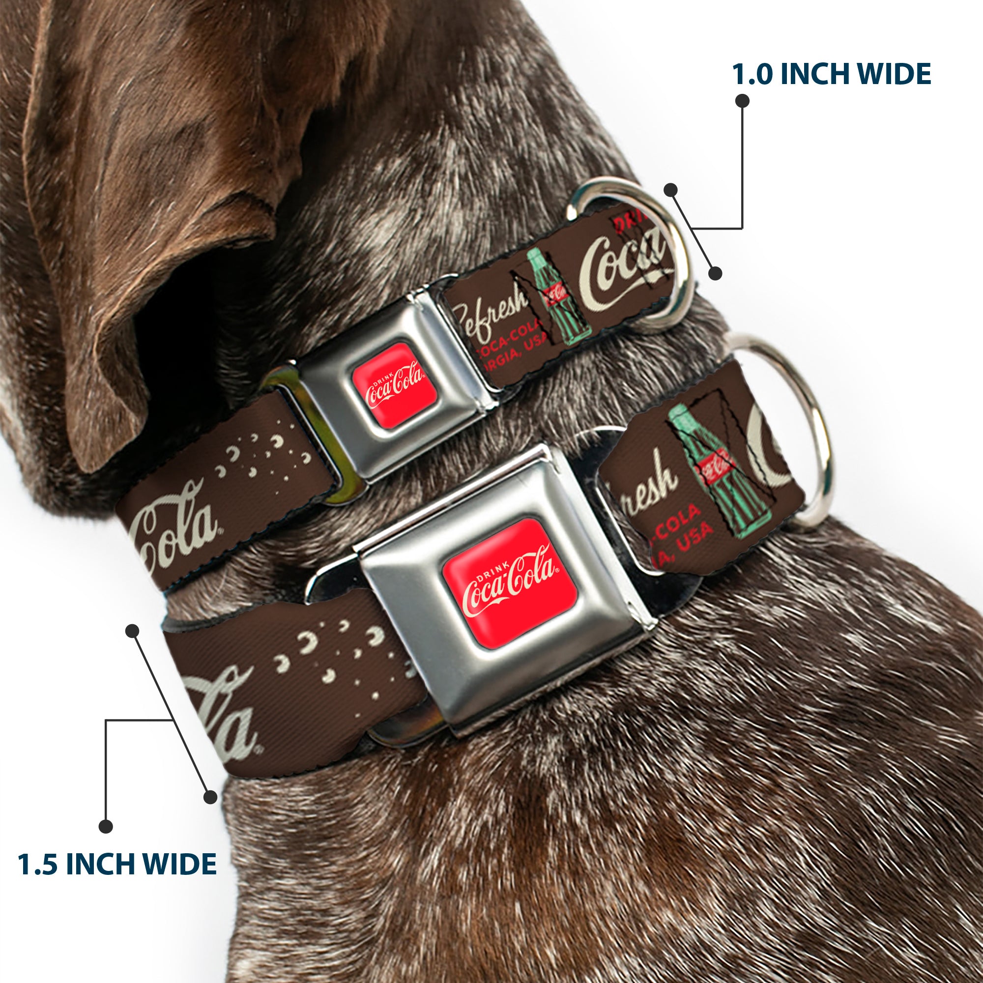 DRINK COCA-COLA Logo Full Color Red/White Seatbelt Buckle Collar - Coca-Cola PAUSE AND REFRESH Typography and Bottle Brown/Red/White Seatbelt Buckle Collars Coca-Cola