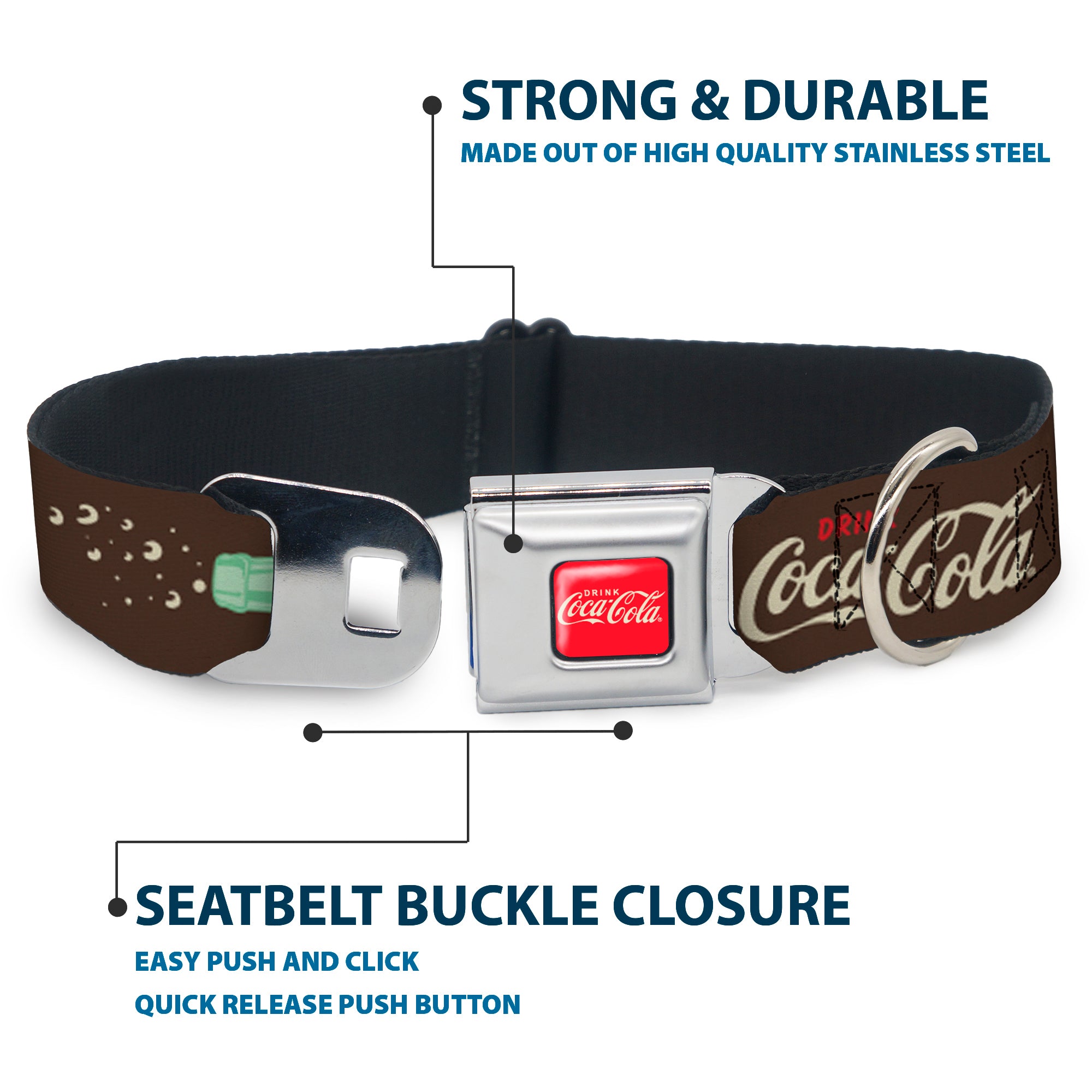 DRINK COCA-COLA Logo Full Color Red/White Seatbelt Buckle Collar - Coca-Cola PAUSE AND REFRESH Typography and Bottle Brown/Red/White Seatbelt Buckle Collars Coca-Cola