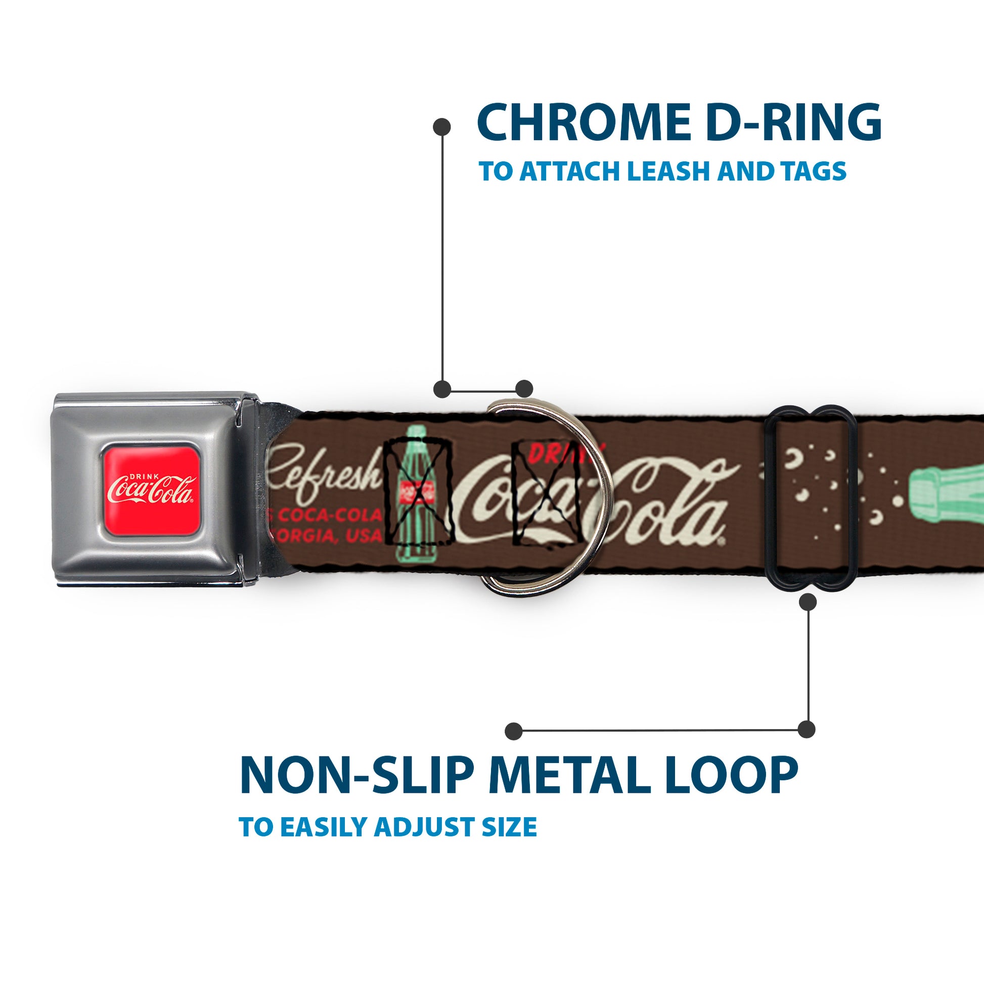 DRINK COCA-COLA Logo Full Color Red/White Seatbelt Buckle Collar - Coca-Cola PAUSE AND REFRESH Typography and Bottle Brown/Red/White Seatbelt Buckle Collars Coca-Cola