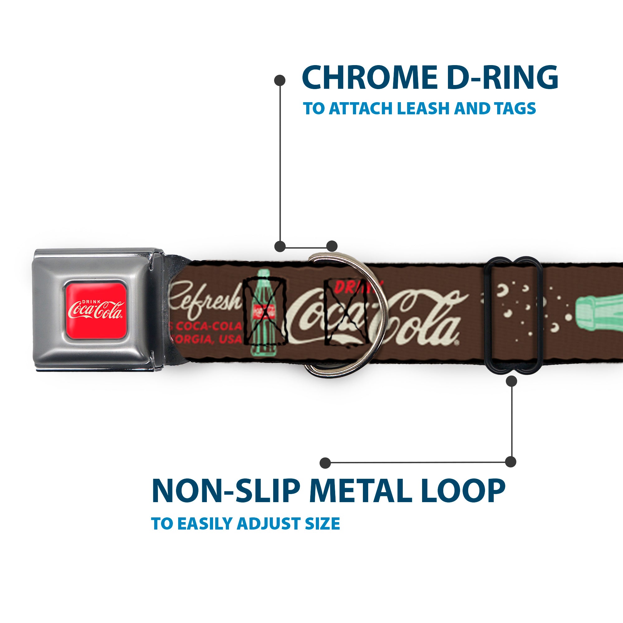 DRINK COCA-COLA Logo Full Color Red/White Seatbelt Buckle Collar - Coca-Cola PAUSE AND REFRESH Typography and Bottle Brown/Red/White Seatbelt Buckle Collars Coca-Cola