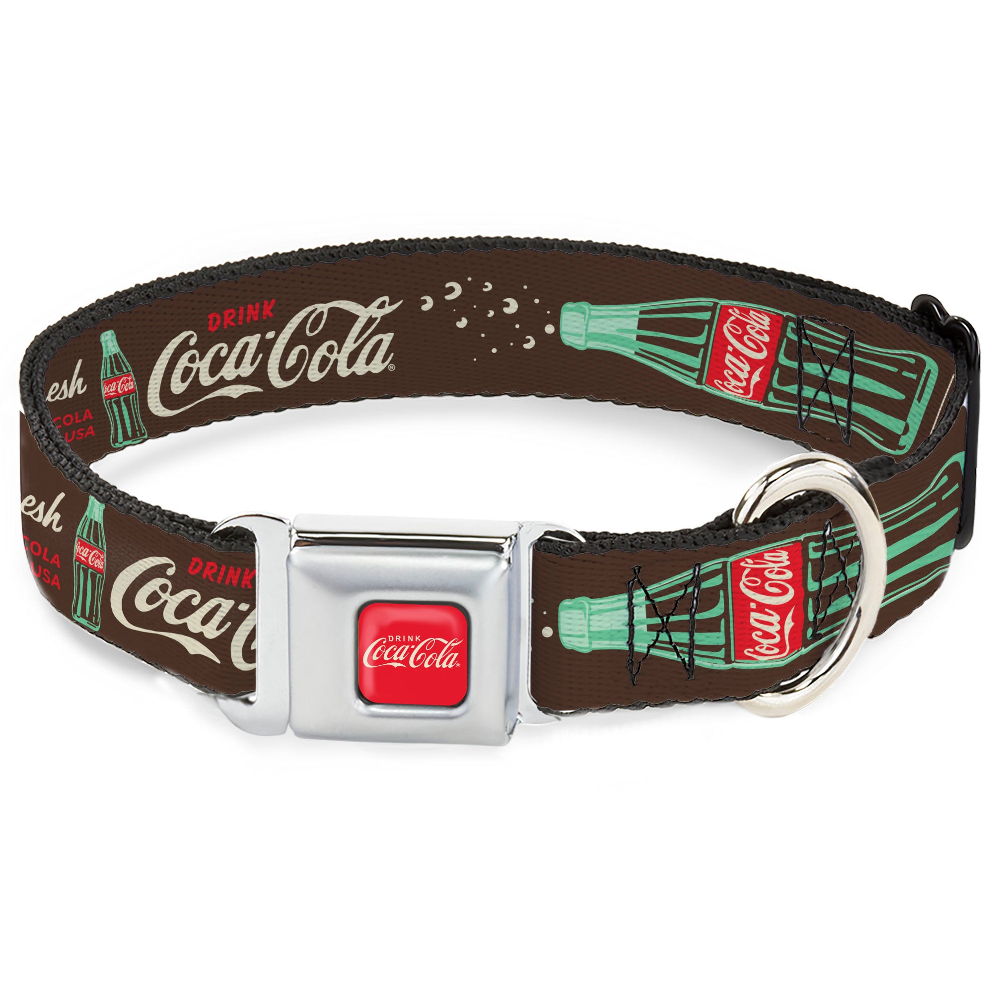 DRINK COCA-COLA Logo Full Color Red/White Seatbelt Buckle Collar - Coca-Cola PAUSE AND REFRESH Typography and Bottle Brown/Red/White Seatbelt Buckle Collars Coca-Cola