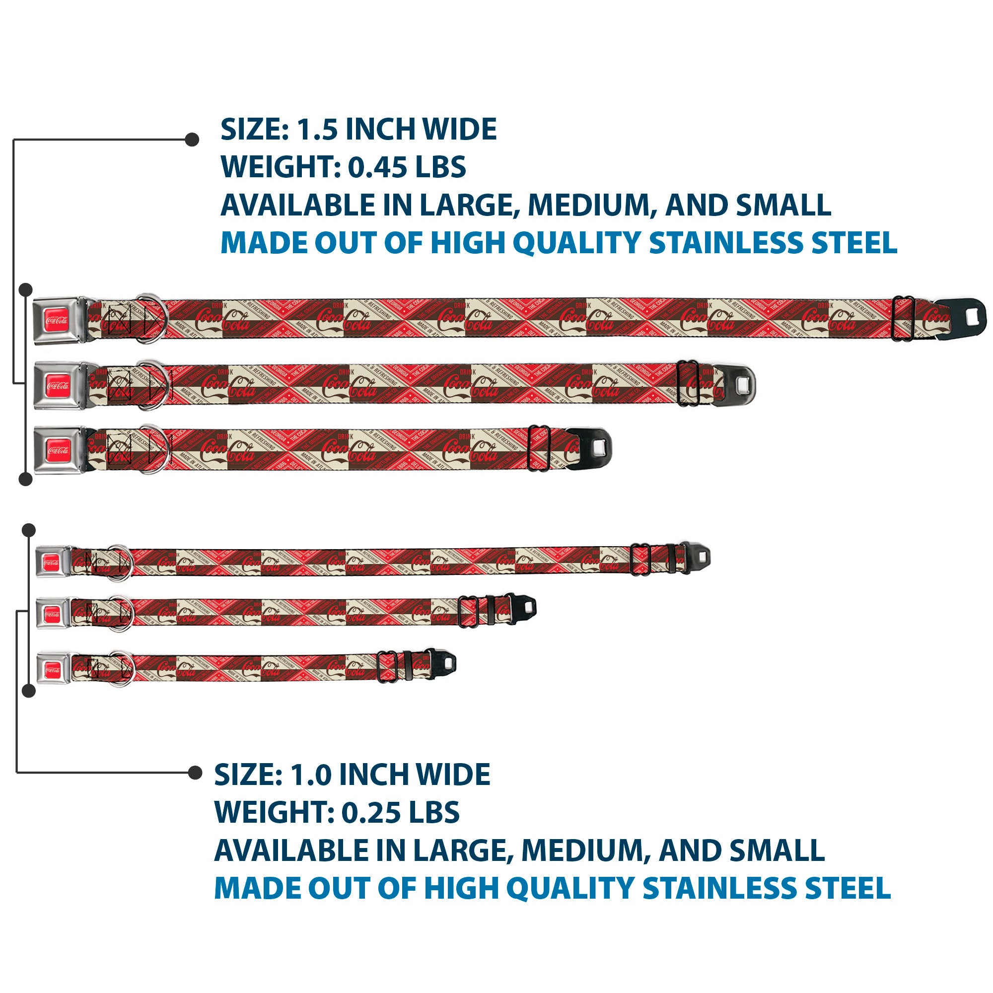 DRINK COCA-COLA Logo Full Color Red/White Seatbelt Buckle Collar - DRINK COCA-COLA Coke Diamond Blocks Red/Brown/Beige Seatbelt Buckle Collars Coca-Cola