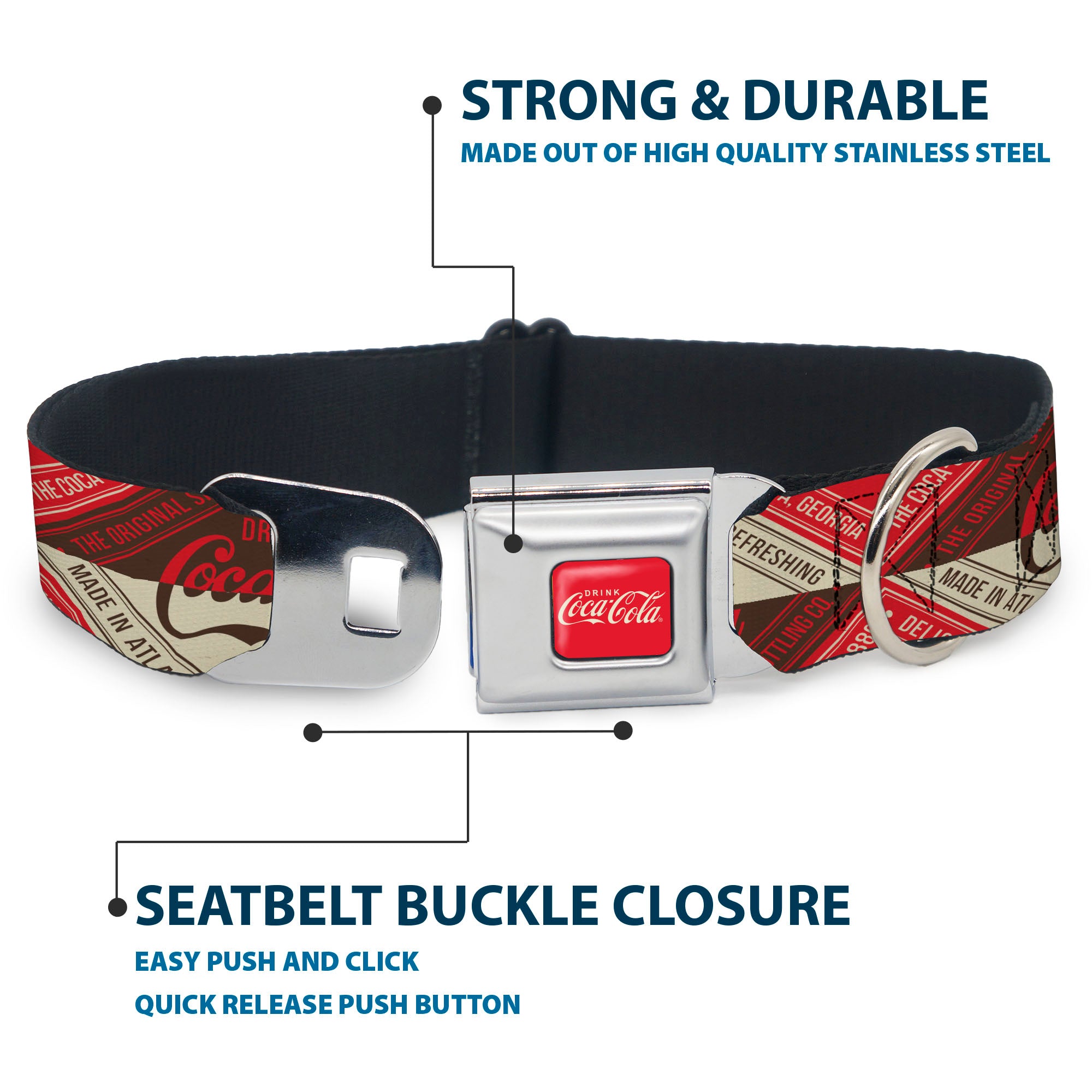 DRINK COCA-COLA Logo Full Color Red/White Seatbelt Buckle Collar - DRINK COCA-COLA Coke Diamond Blocks Red/Brown/Beige Seatbelt Buckle Collars Coca-Cola