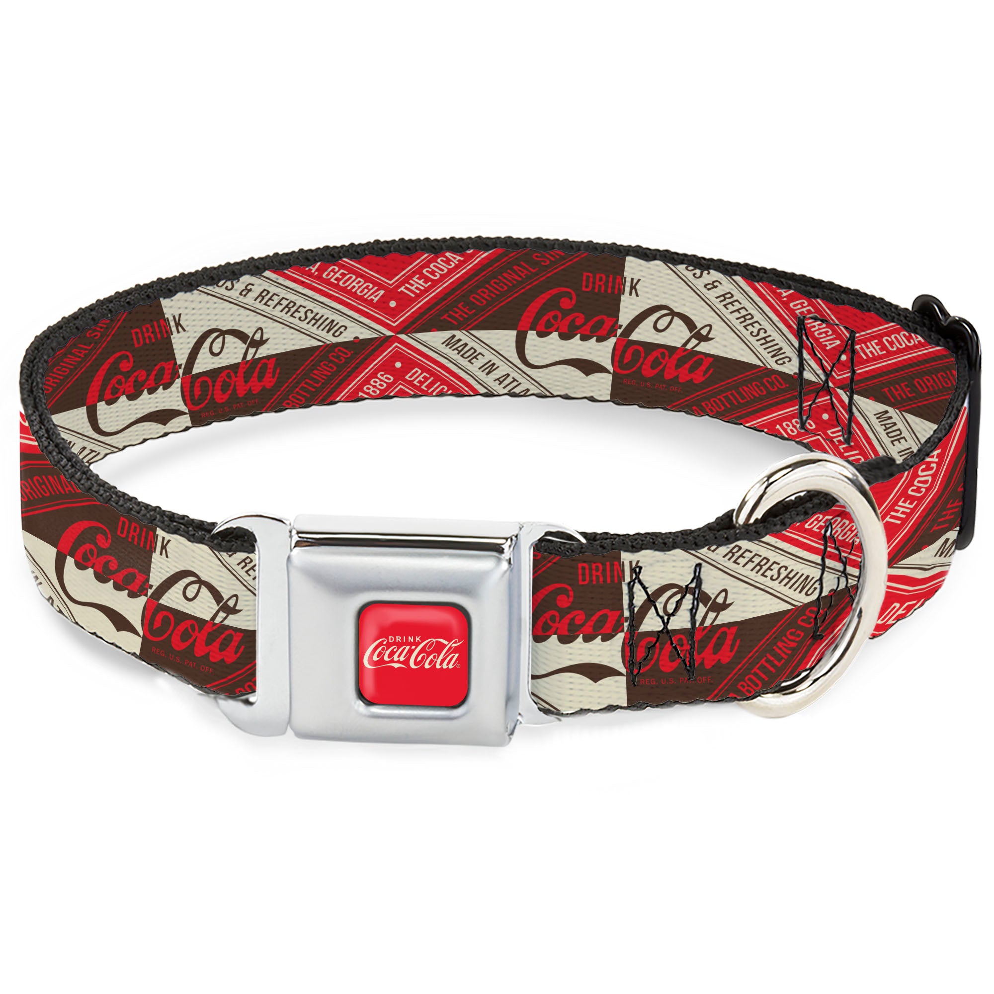 DRINK COCA-COLA Logo Full Color Red/White Seatbelt Buckle Collar - DRINK COCA-COLA Coke Diamond Blocks Red/Brown/Beige Seatbelt Buckle Collars Coca-Cola