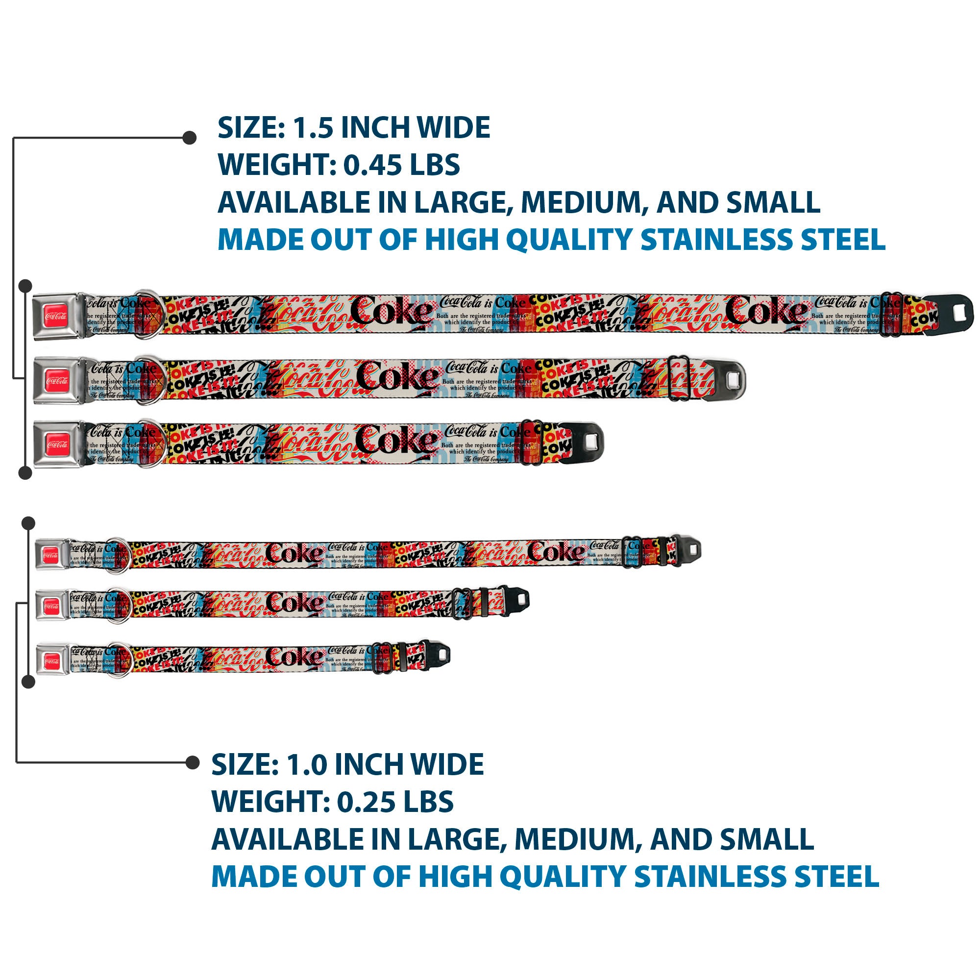 DRINK COCA-COLA Logo Full Color Red/White Seatbelt Buckle Collar - COKE IS IT! Pop Art Collage Multi Color Seatbelt Buckle Collars Coca-Cola