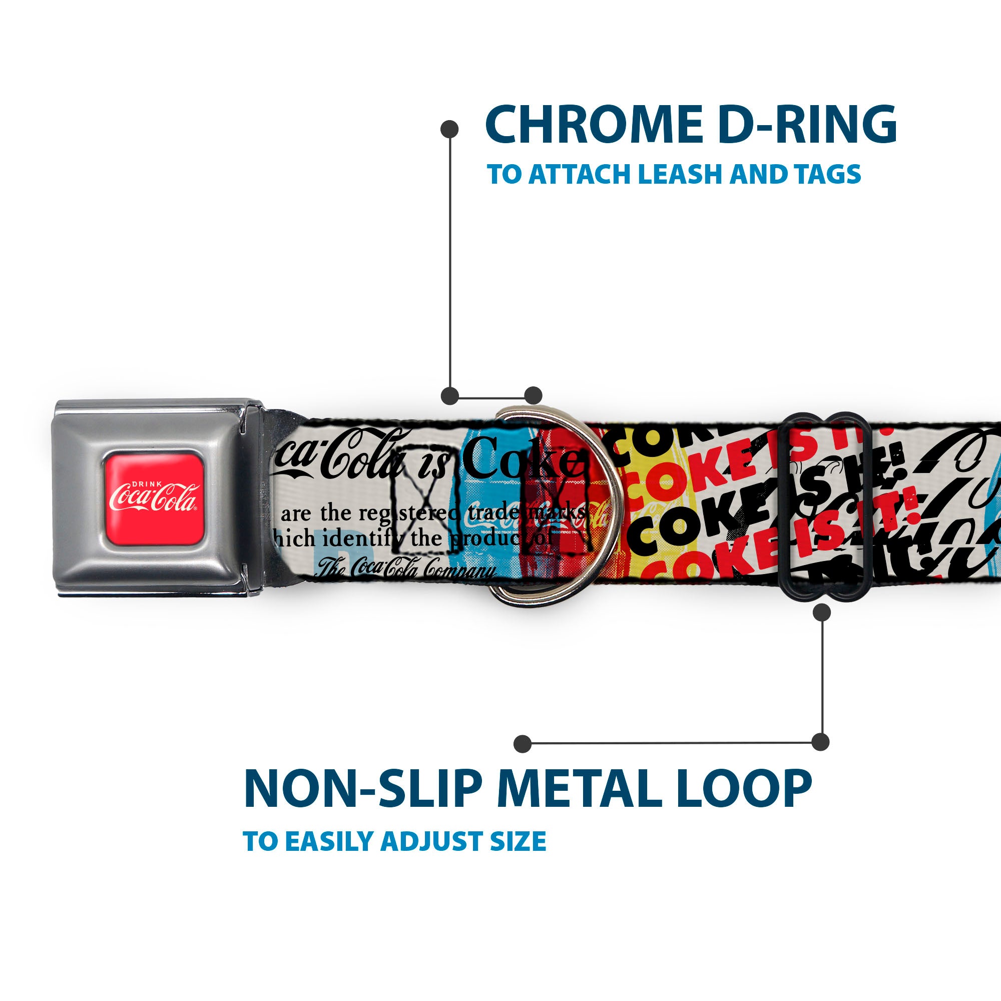 DRINK COCA-COLA Logo Full Color Red/White Seatbelt Buckle Collar - COKE IS IT! Pop Art Collage Multi Color Seatbelt Buckle Collars Coca-Cola