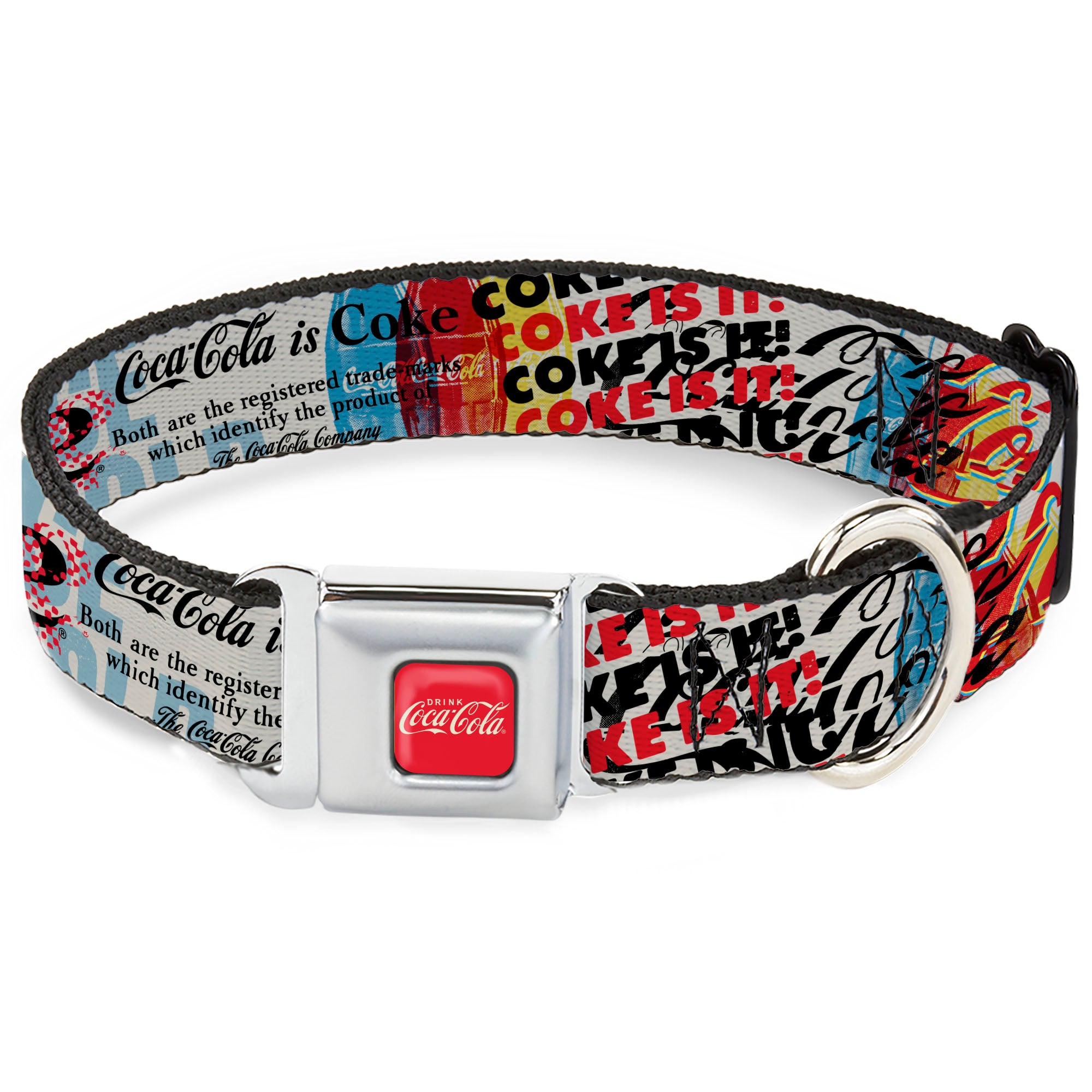DRINK COCA-COLA Logo Full Color Red/White Seatbelt Buckle Collar - COKE IS IT! Pop Art Collage Multi Color Seatbelt Buckle Collars Coca-Cola