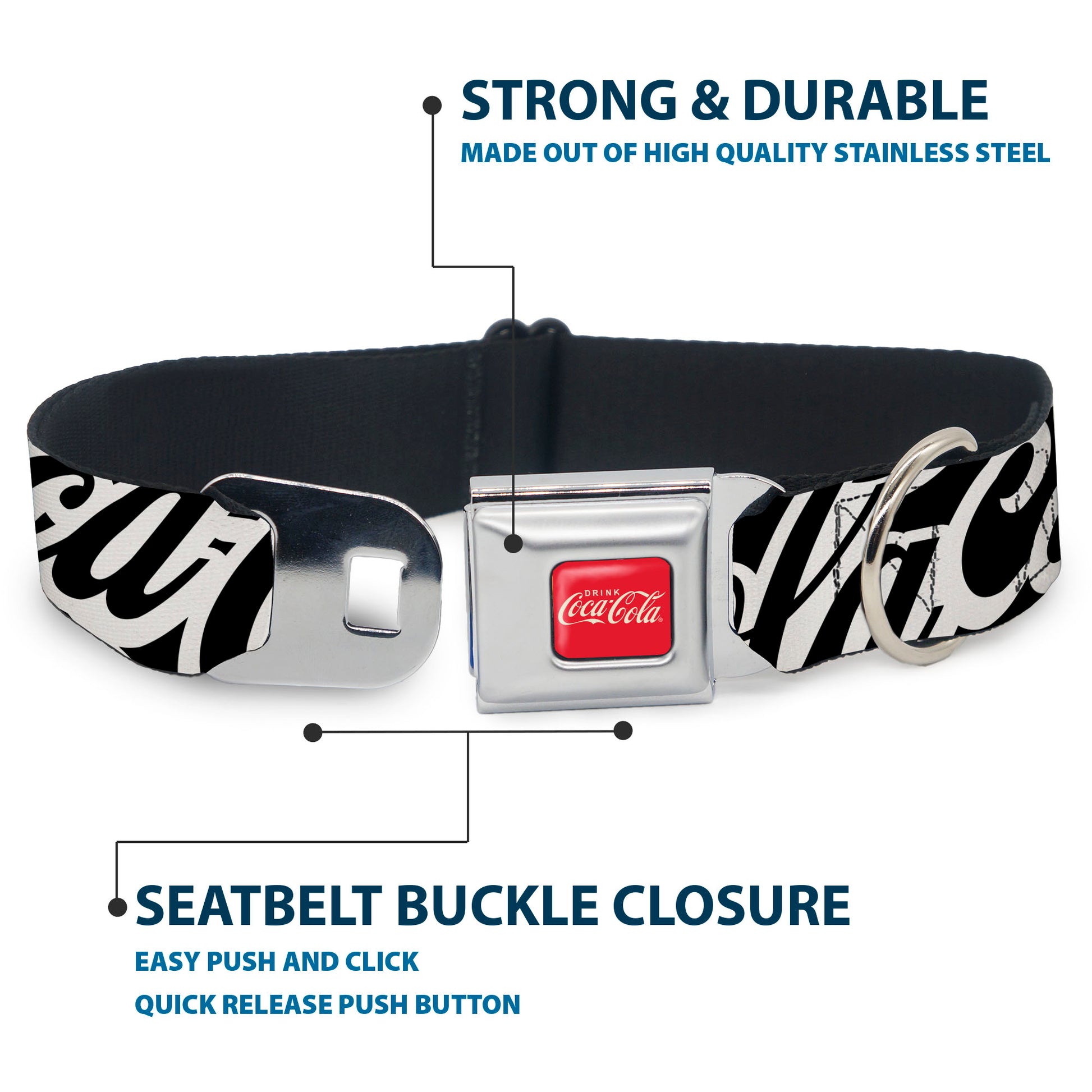 DRINK COCA-COLA Logo Full Color Red/White Seatbelt Buckle Collar - COCA-COLA COKE Typography IT'S THE REAL THING Black/White Seatbelt Buckle Collars Coca-Cola