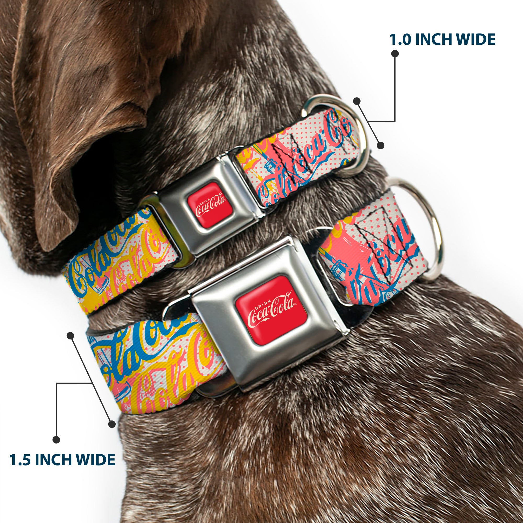 DRINK COCA-COLA Logo Full Color Red/White Seatbelt Buckle Collar - COCA-COLA Script Logo Stacked Pop Art White/Multi Pastel Seatbelt Buckle Collars Coca-Cola