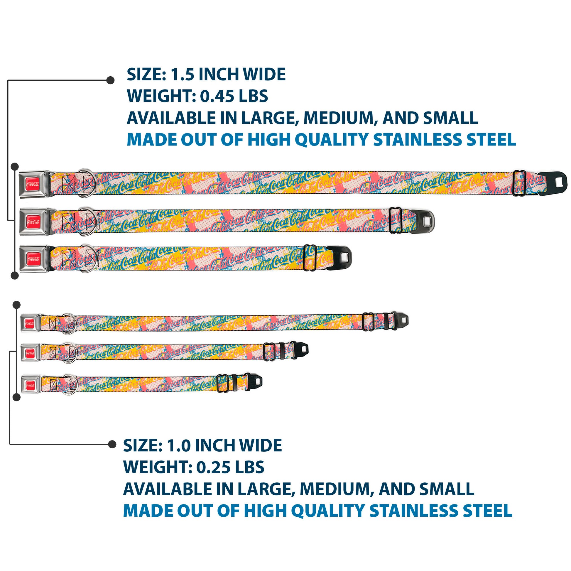 DRINK COCA-COLA Logo Full Color Red/White Seatbelt Buckle Collar - COCA-COLA Script Logo Stacked Pop Art White/Multi Pastel Seatbelt Buckle Collars Coca-Cola