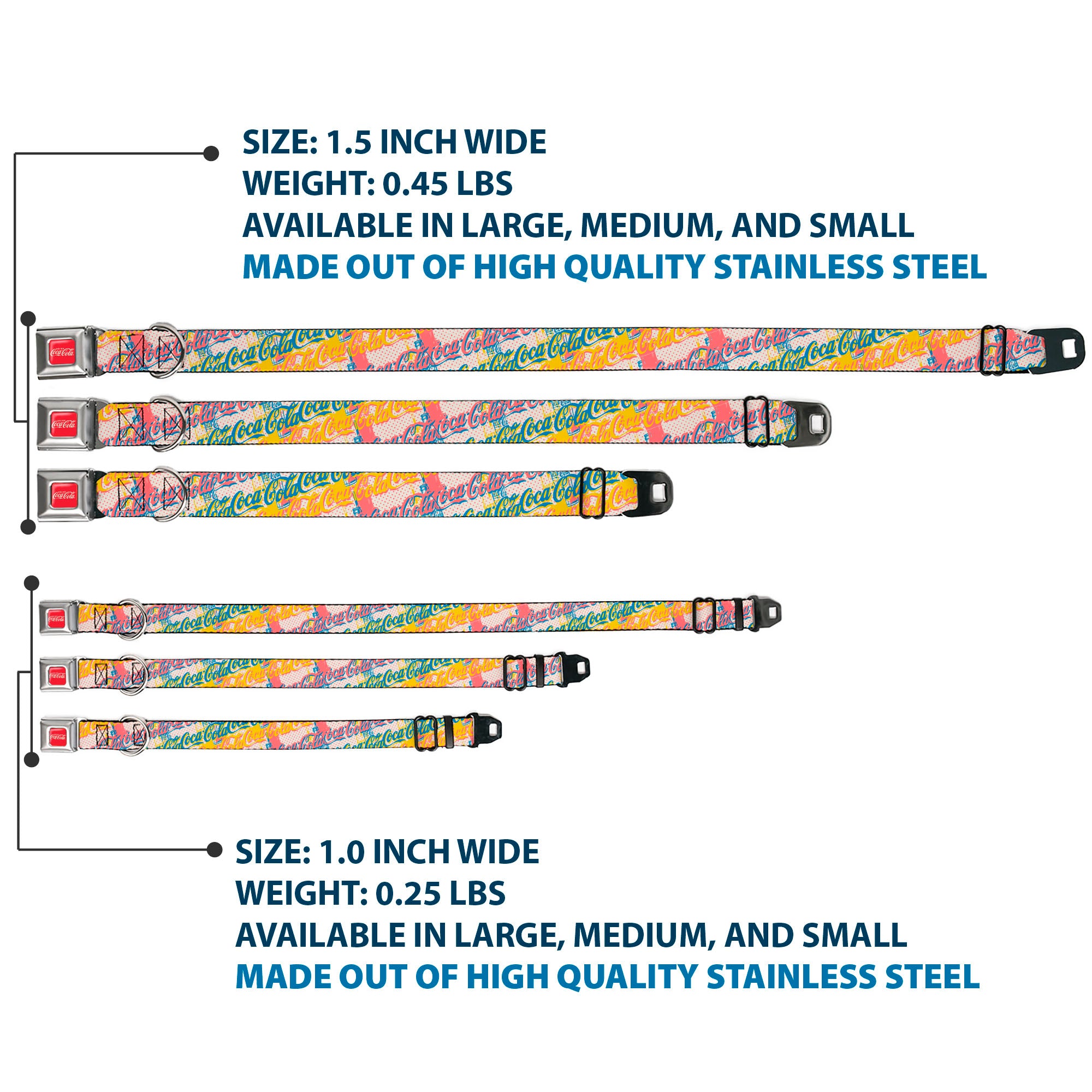 DRINK COCA-COLA Logo Full Color Red/White Seatbelt Buckle Collar - COCA-COLA Script Logo Stacked Pop Art White/Multi Pastel Seatbelt Buckle Collars Coca-Cola