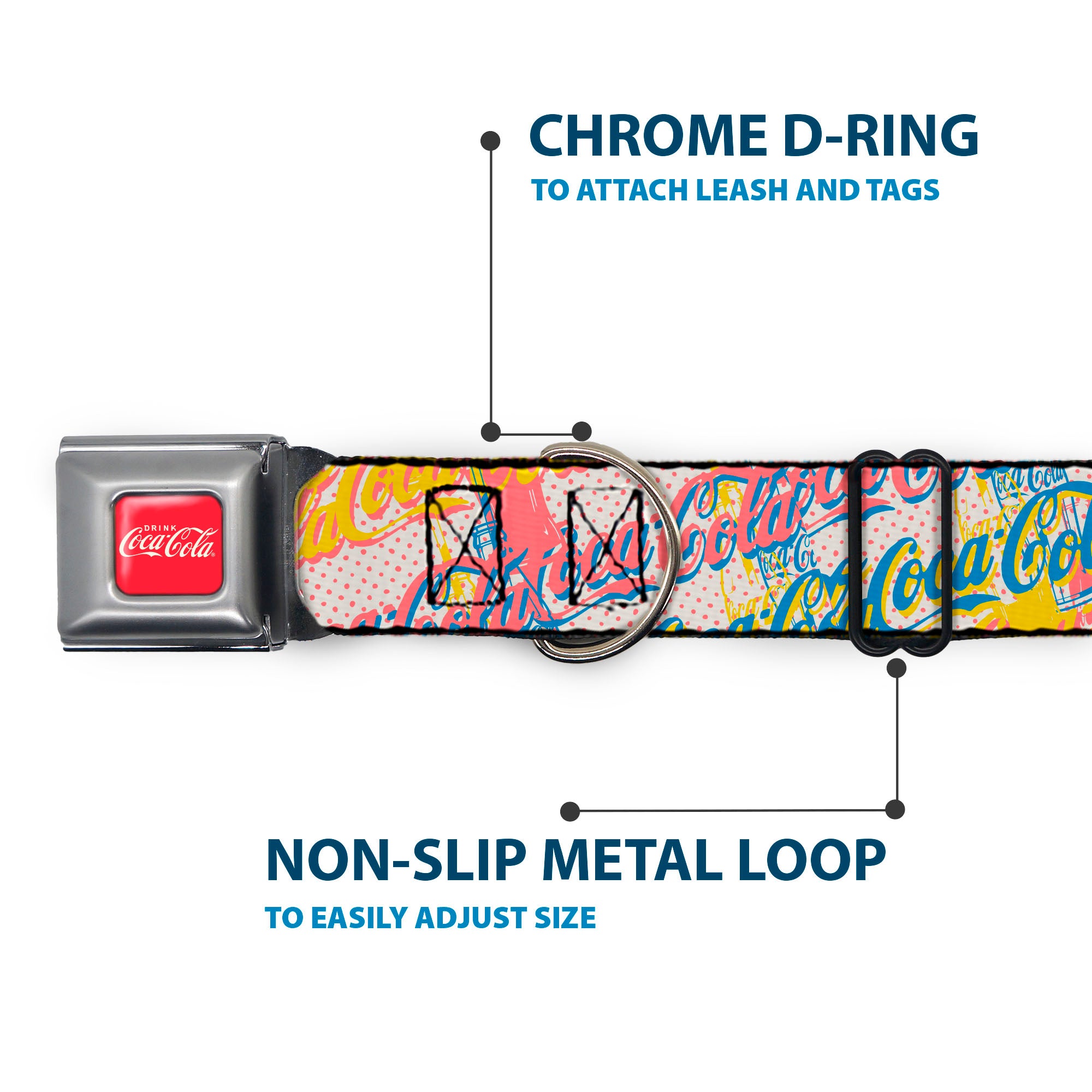 DRINK COCA-COLA Logo Full Color Red/White Seatbelt Buckle Collar - COCA-COLA Script Logo Stacked Pop Art White/Multi Pastel Seatbelt Buckle Collars Coca-Cola