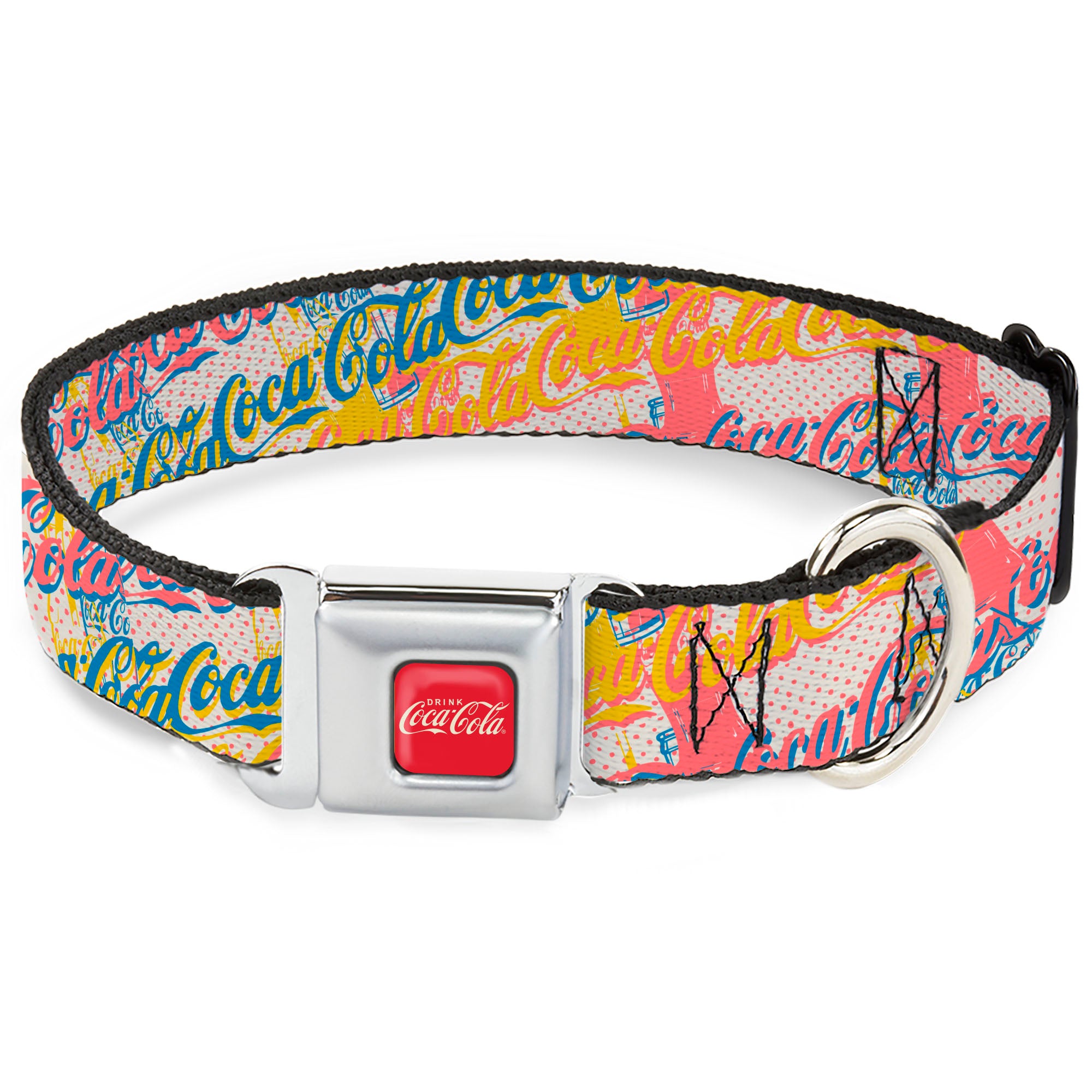 DRINK COCA-COLA Logo Full Color Red/White Seatbelt Buckle Collar - COCA-COLA Script Logo Stacked Pop Art White/Multi Pastel Seatbelt Buckle Collars Coca-Cola