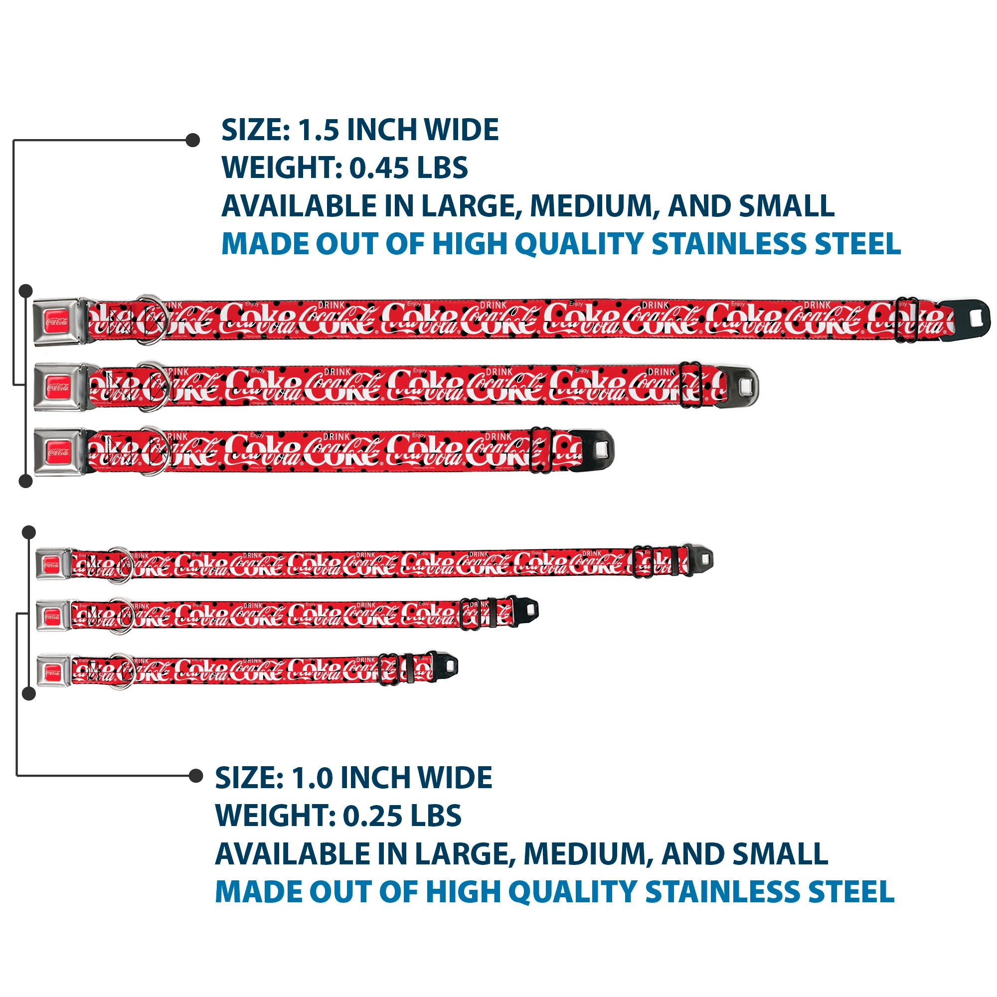 DRINK COCA-COLA Logo Full Color Red/White Seatbelt Buckle Collar - DRINK COCA-COLA COKE Polka Dot Red/Black/White Seatbelt Buckle Collars Coca-Cola