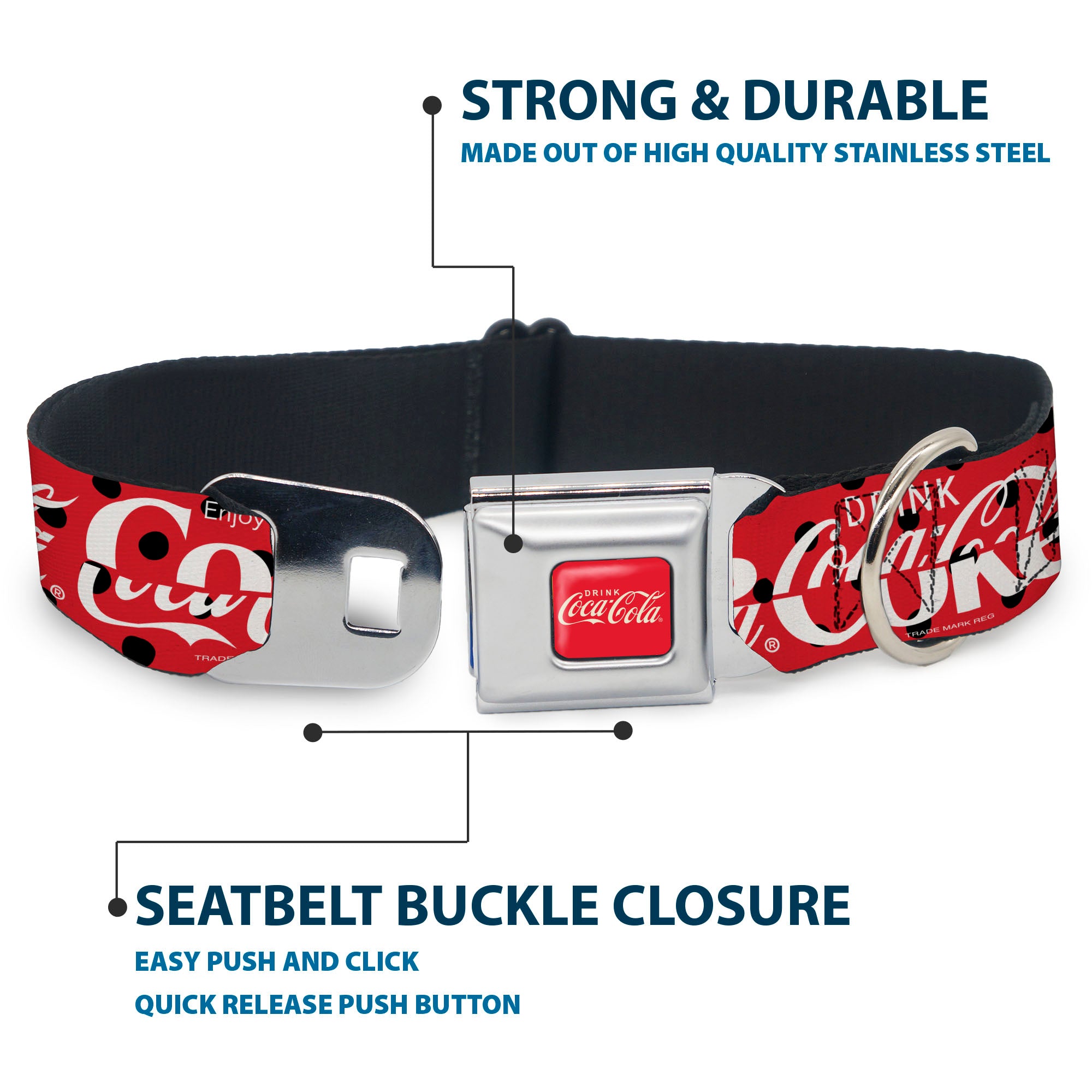 DRINK COCA-COLA Logo Full Color Red/White Seatbelt Buckle Collar - DRINK COCA-COLA COKE Polka Dot Red/Black/White Seatbelt Buckle Collars Coca-Cola