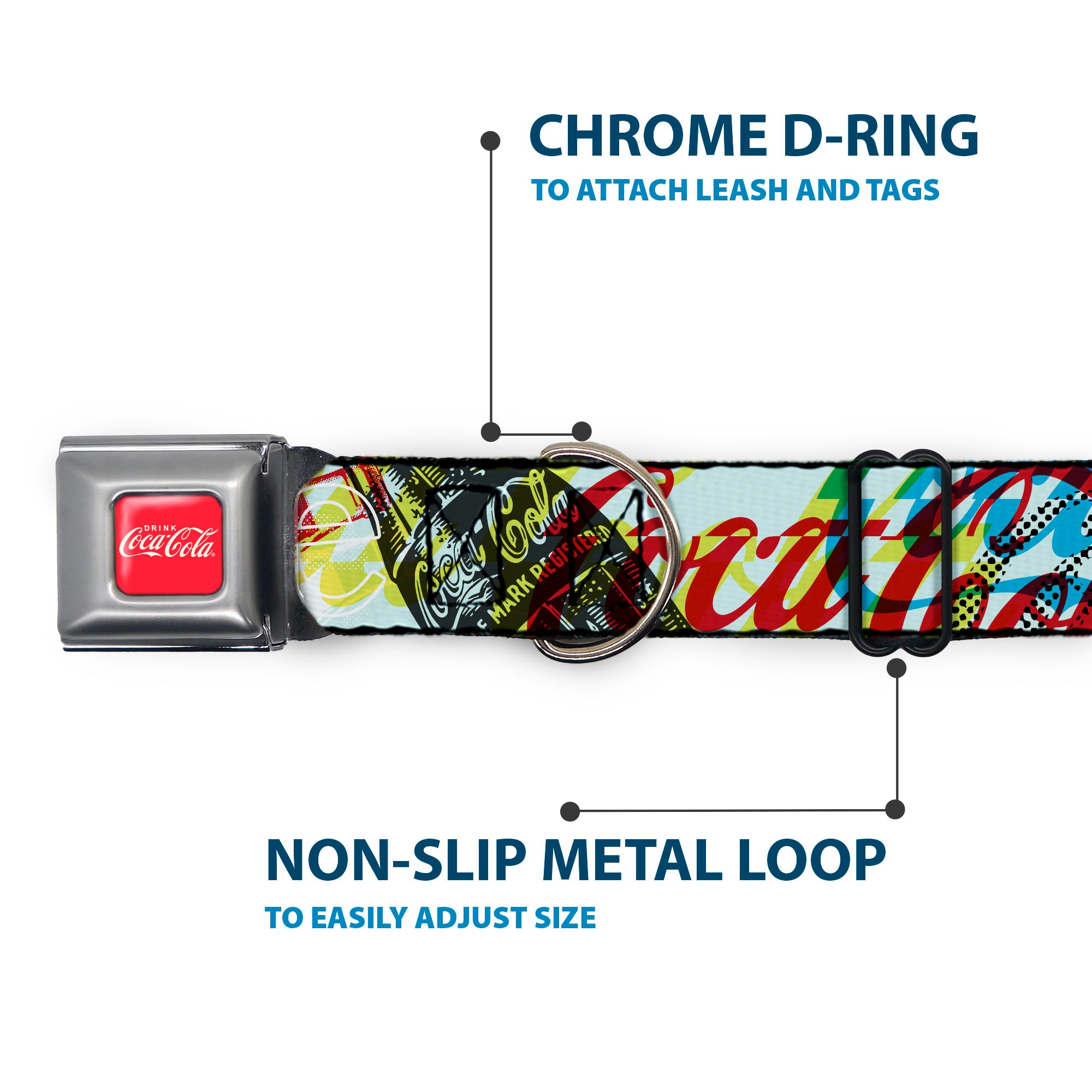 DRINK COCA-COLA Logo Full Color Red/White Seatbelt Buckle Collar - COCA-COLA COKE Logos and Bottle Pop Art Multi Color Seatbelt Buckle Collars Coca-Cola