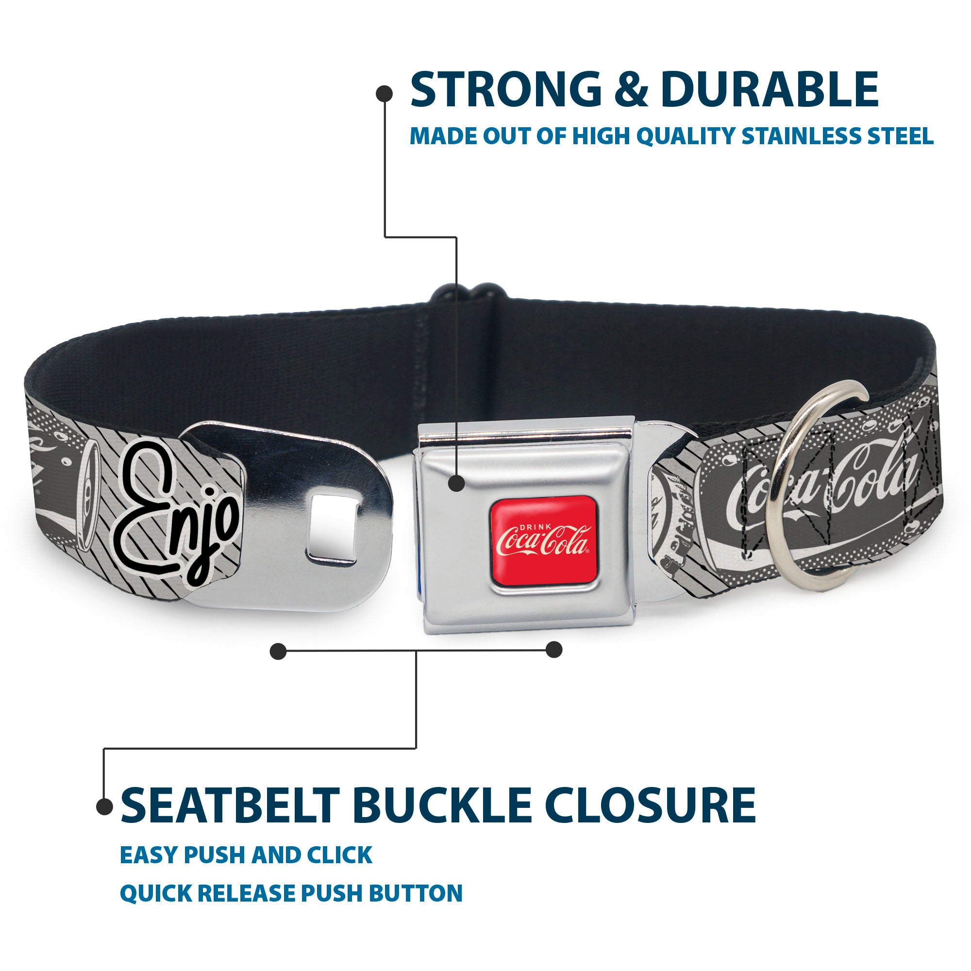 DRINK COCA-COLA Logo Full Color Red/White Seatbelt Buckle Collar - Coca-Cola ENJOY REFRESH Can and Bottle Grays/White/Black Seatbelt Buckle Collars Coca-Cola