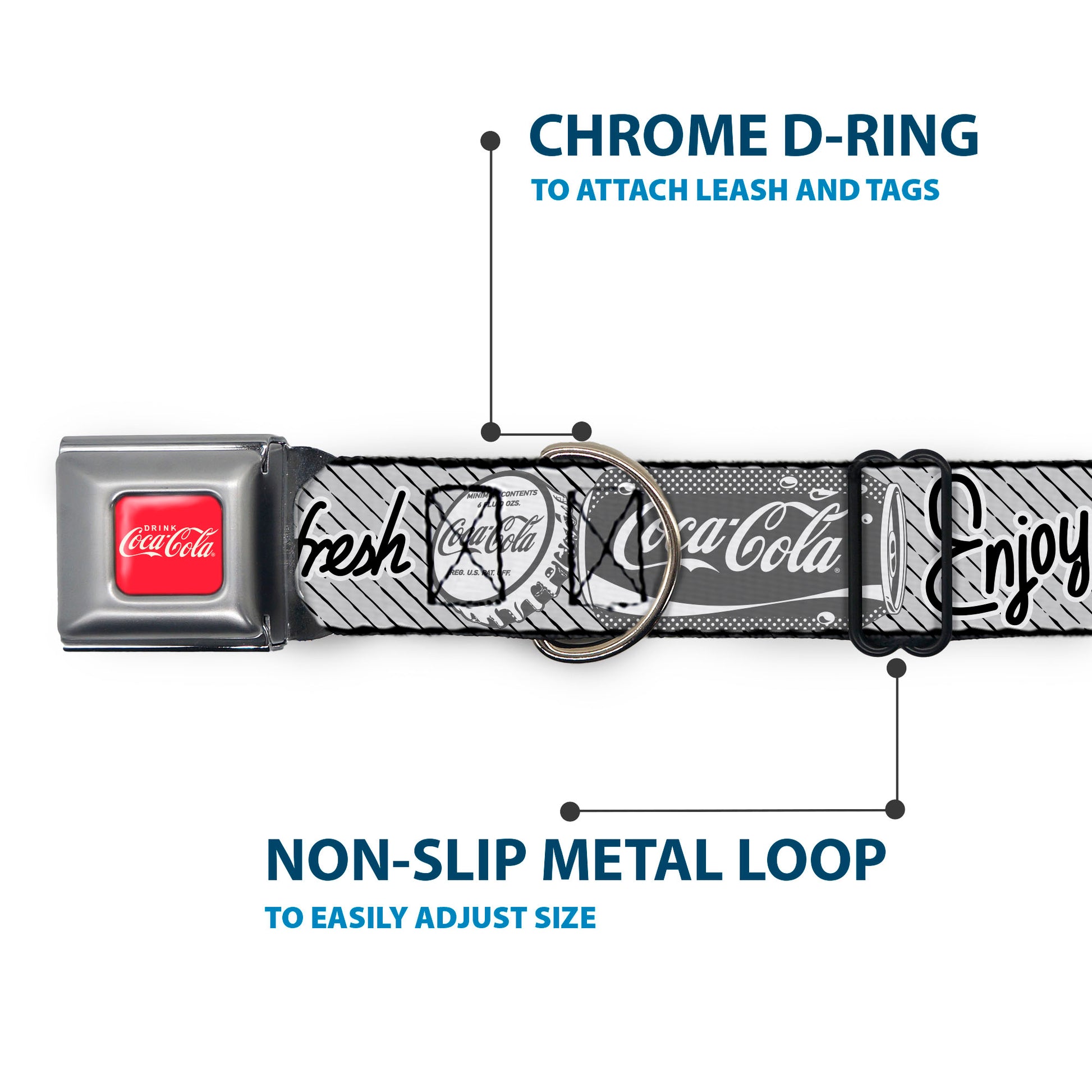DRINK COCA-COLA Logo Full Color Red/White Seatbelt Buckle Collar - Coca-Cola ENJOY REFRESH Can and Bottle Grays/White/Black Seatbelt Buckle Collars Coca-Cola
