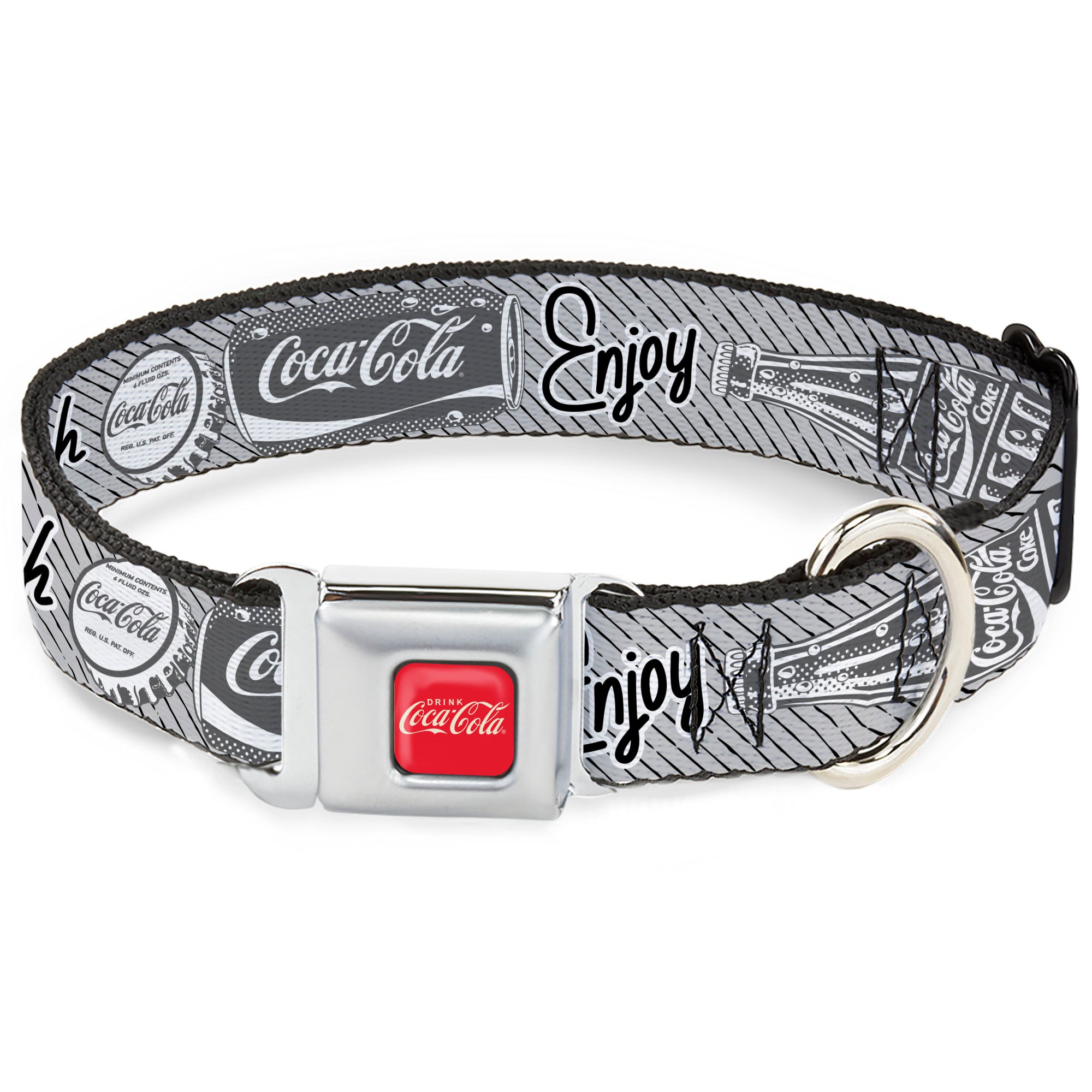 DRINK COCA-COLA Logo Full Color Red/White Seatbelt Buckle Collar - Coca-Cola ENJOY REFRESH Can and Bottle Grays/White/Black Seatbelt Buckle Collars Coca-Cola