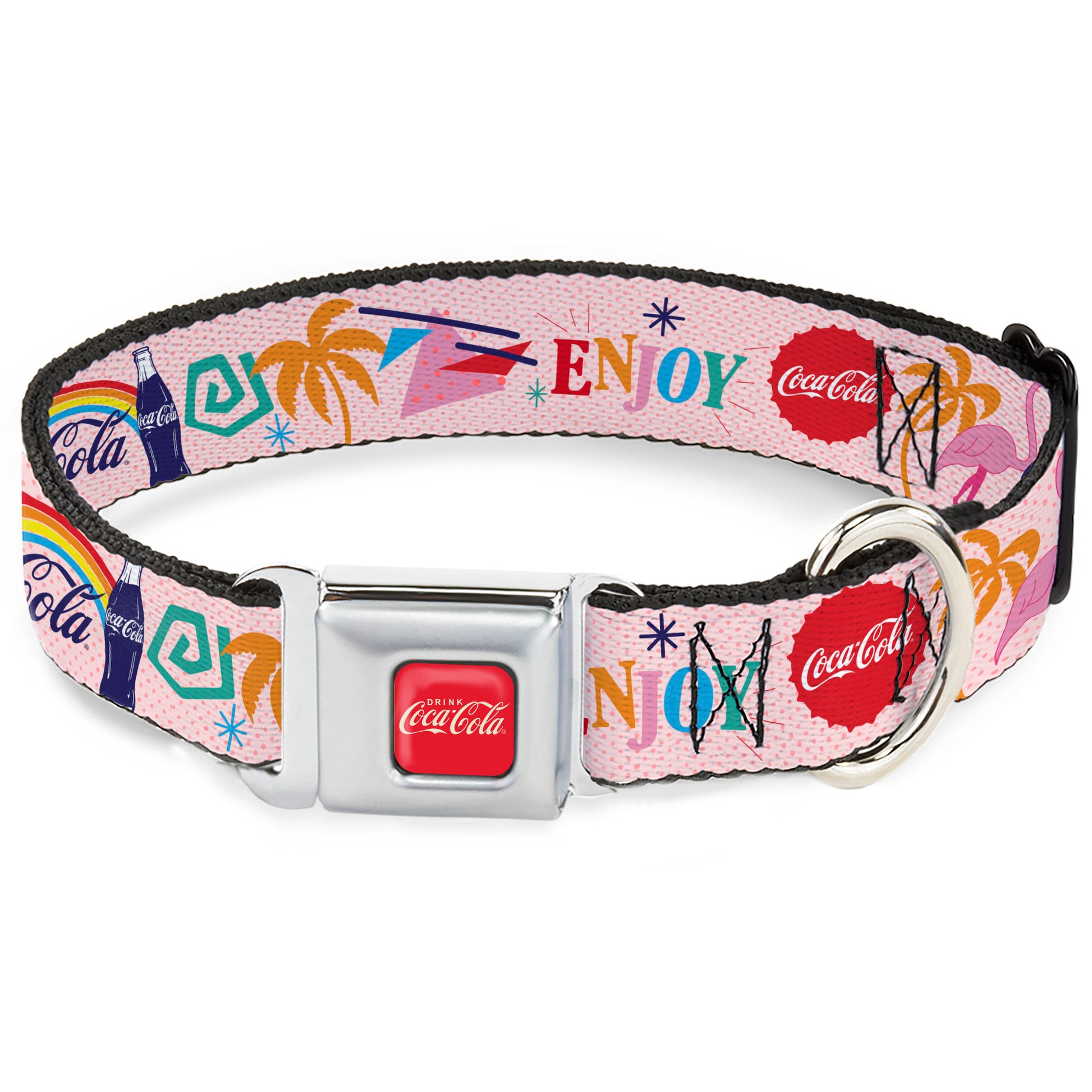 DRINK COCA-COLA Logo Full Color Red/White Seatbelt Buckle Collar - Coca-Cola ENJOY Vibrant Icons Collage Pinks/Multi Color Seatbelt Buckle Collars Coca-Cola
