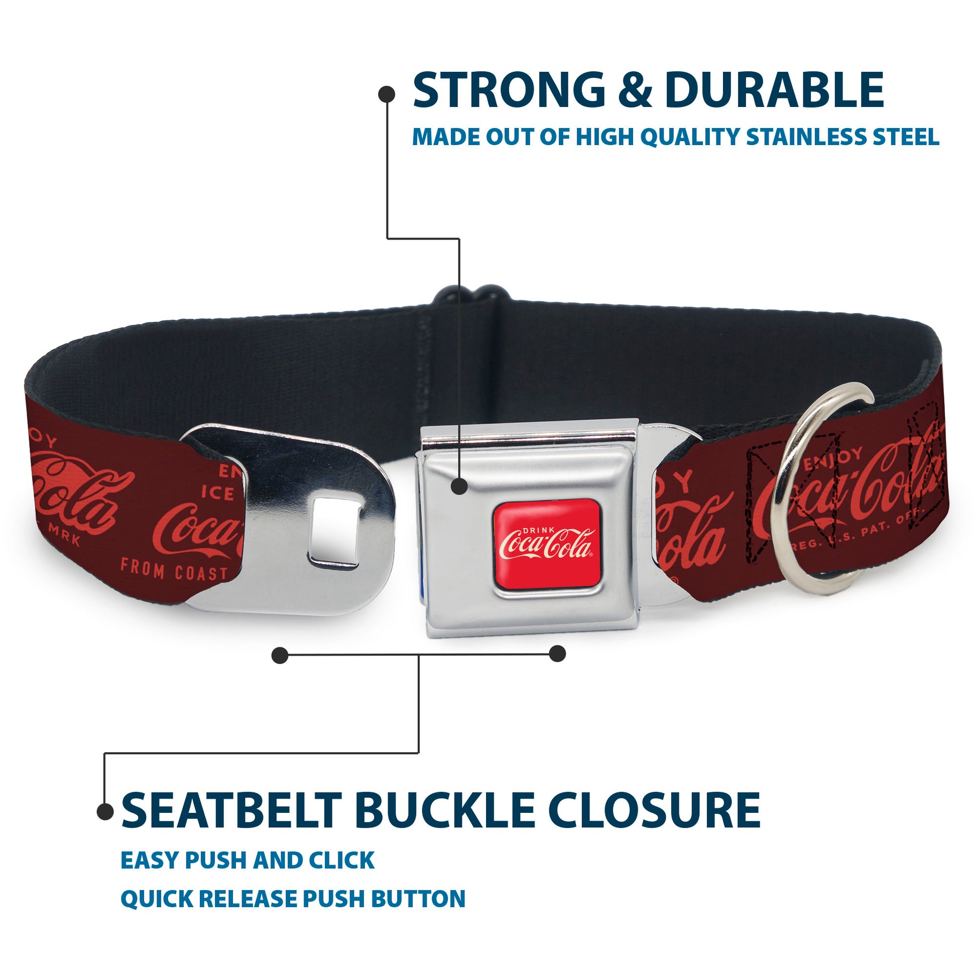 DRINK COCA-COLA Logo Full Color Red/White Seatbelt Buckle Collar - ENJOY COCA-COLA Logos Brown/Red Seatbelt Buckle Collars Coca-Cola