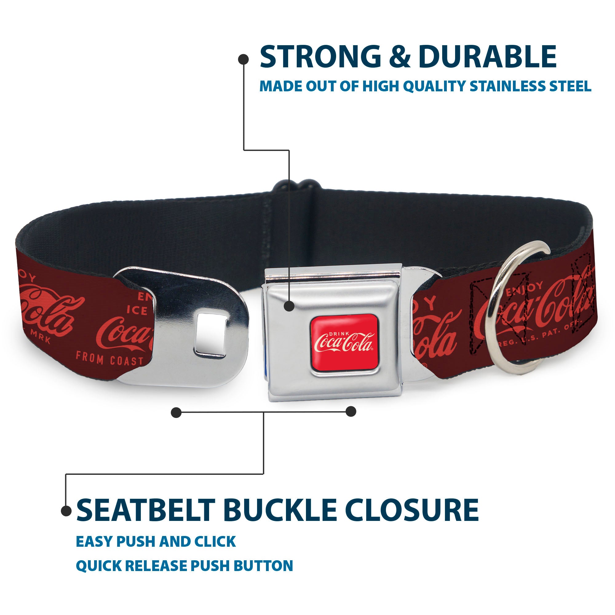DRINK COCA-COLA Logo Full Color Red/White Seatbelt Buckle Collar - ENJOY COCA-COLA Logos Brown/Red Seatbelt Buckle Collars Coca-Cola