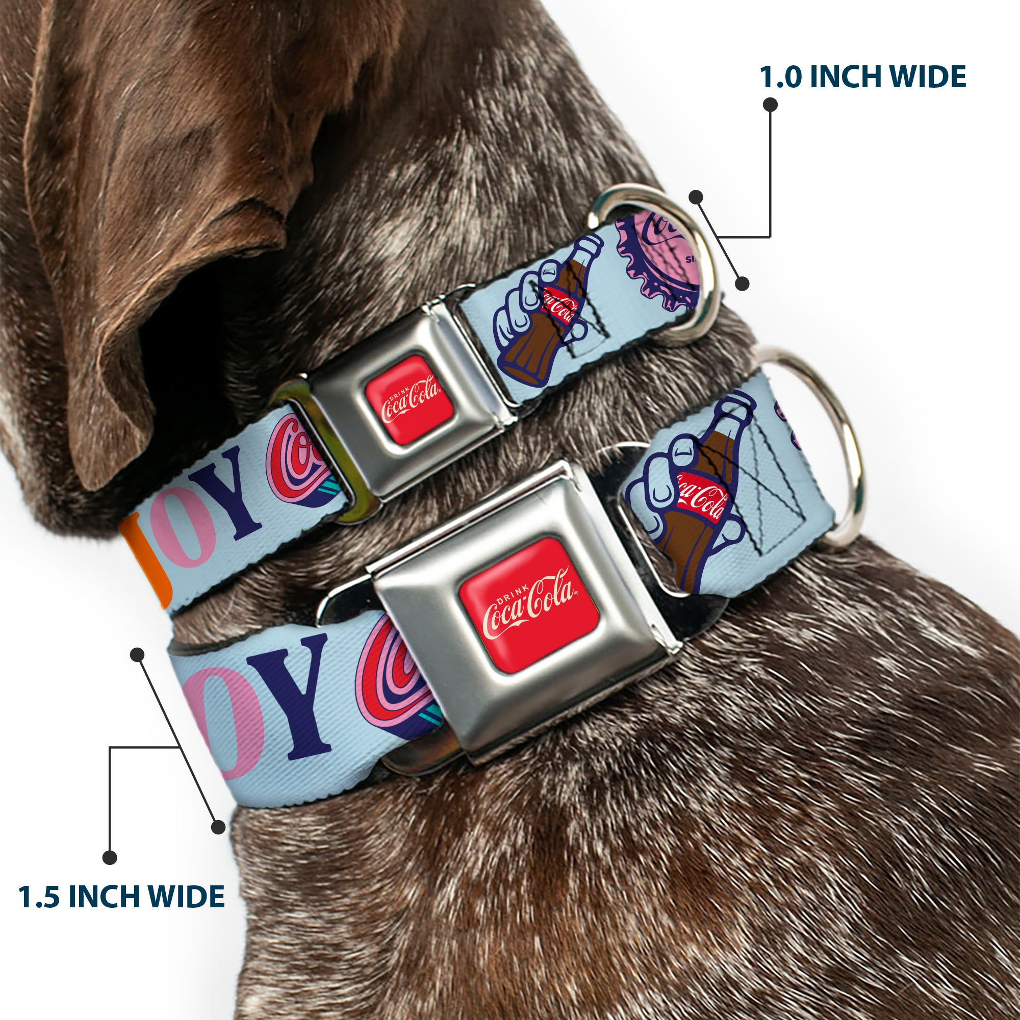 DRINK COCA-COLA Logo Full Color Red/White Seatbelt Buckle Collar - COCA-COLA DELICIOUS REFRESHING ENJOY Bottle Caps Light Blue/Multi Color Seatbelt Buckle Collars Coca-Cola