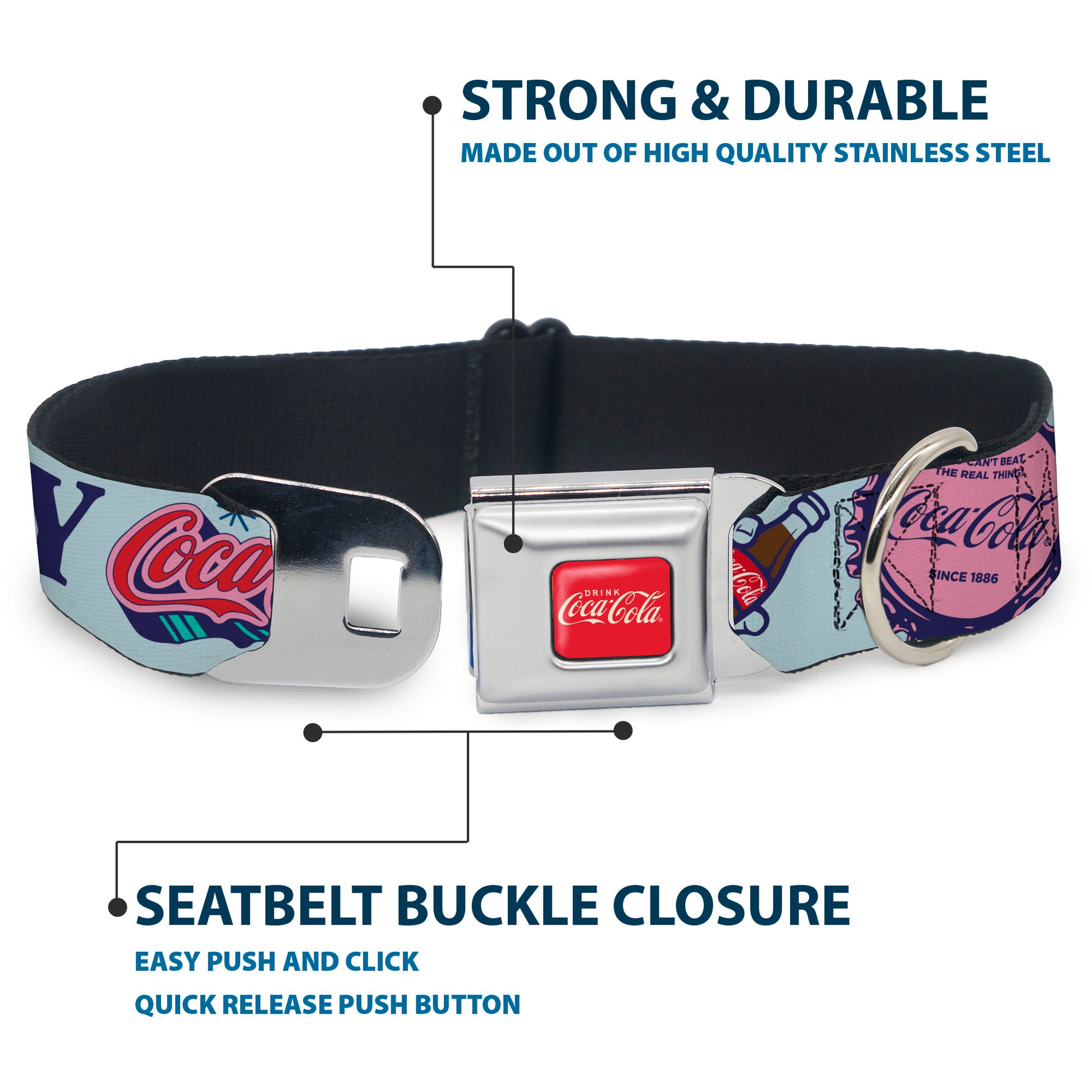 DRINK COCA-COLA Logo Full Color Red/White Seatbelt Buckle Collar - COCA-COLA DELICIOUS REFRESHING ENJOY Bottle Caps Light Blue/Multi Color Seatbelt Buckle Collars Coca-Cola