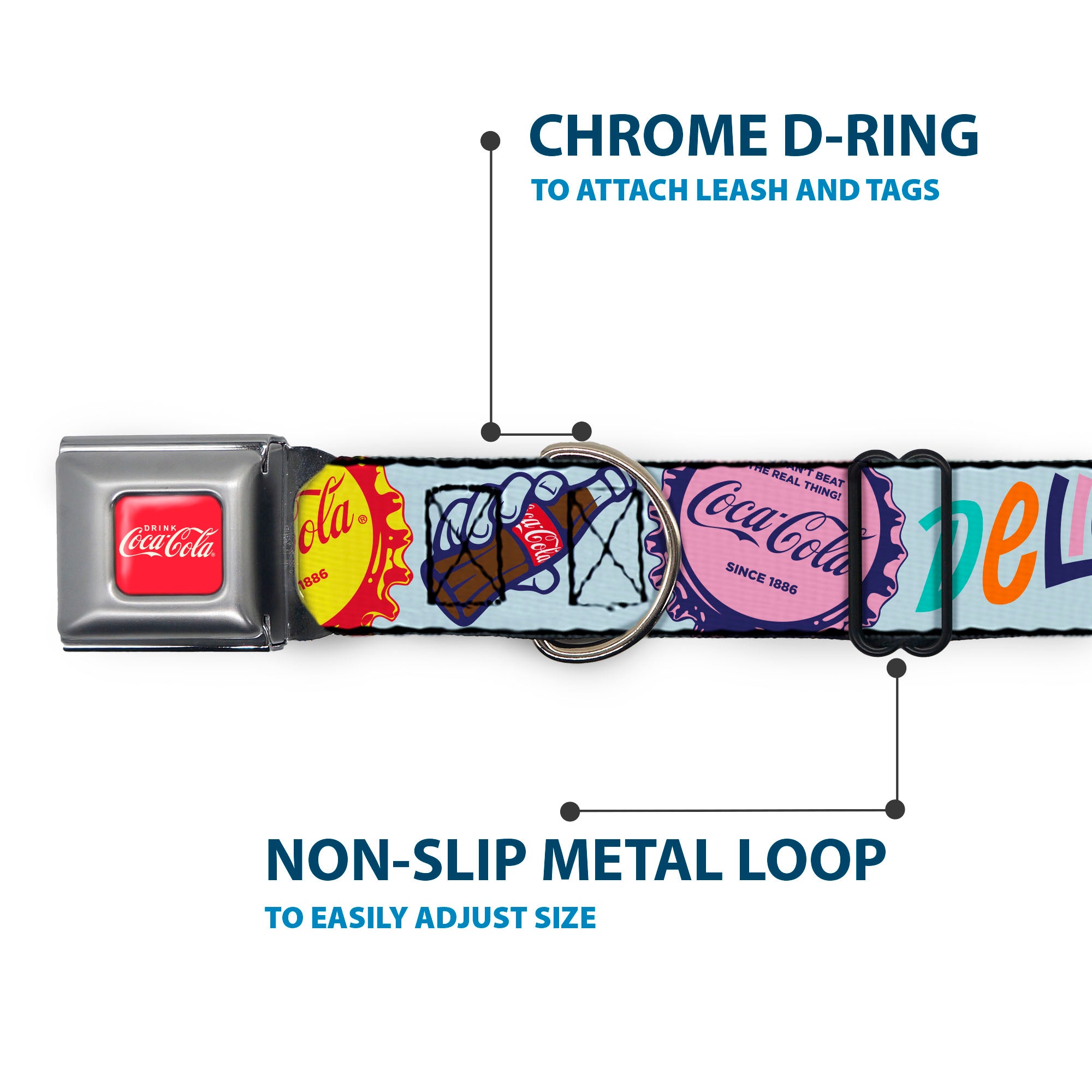 DRINK COCA-COLA Logo Full Color Red/White Seatbelt Buckle Collar - COCA-COLA DELICIOUS REFRESHING ENJOY Bottle Caps Light Blue/Multi Color Seatbelt Buckle Collars Coca-Cola