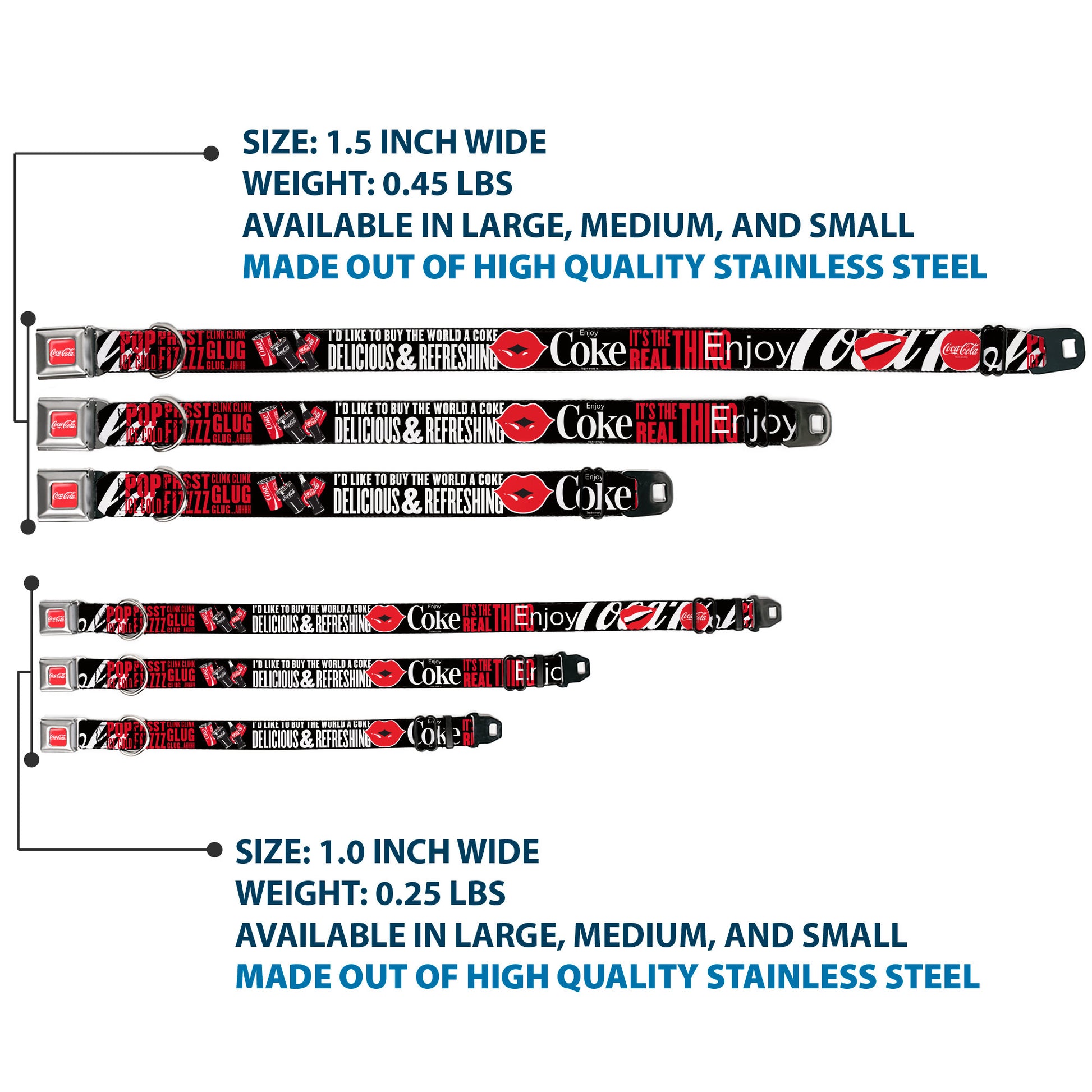 COCA-COLA Script Logo Full Color Red/White Seatbelt Buckle Collar - Coca-Cola ENJOY COKE IT'S THE REAL THING Kiss Black/White/Red Seatbelt Buckle Collars Coca-Cola