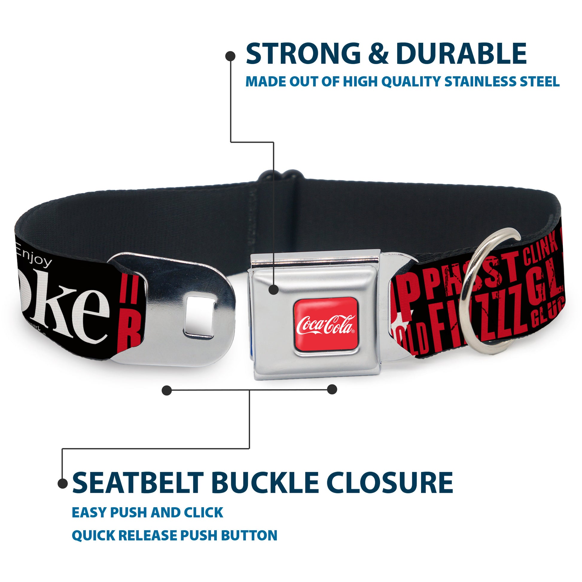 COCA-COLA Script Logo Full Color Red/White Seatbelt Buckle Collar - Coca-Cola ENJOY COKE IT'S THE REAL THING Kiss Black/White/Red Seatbelt Buckle Collars Coca-Cola