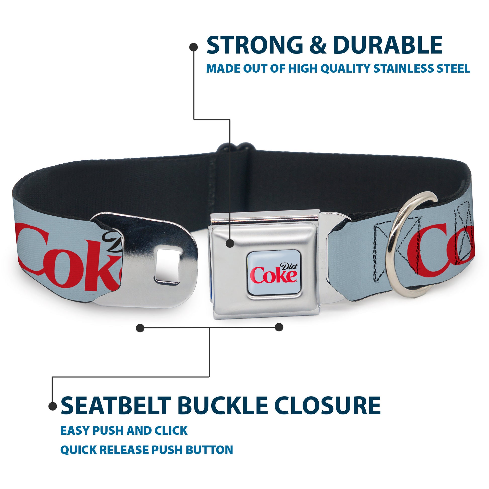 DIET COKE Logo Full Color Light Gray Seatbelt Buckle Collar - DIET COKE Logo Light Gray/Black/Red Seatbelt Buckle Collars Coca-Cola