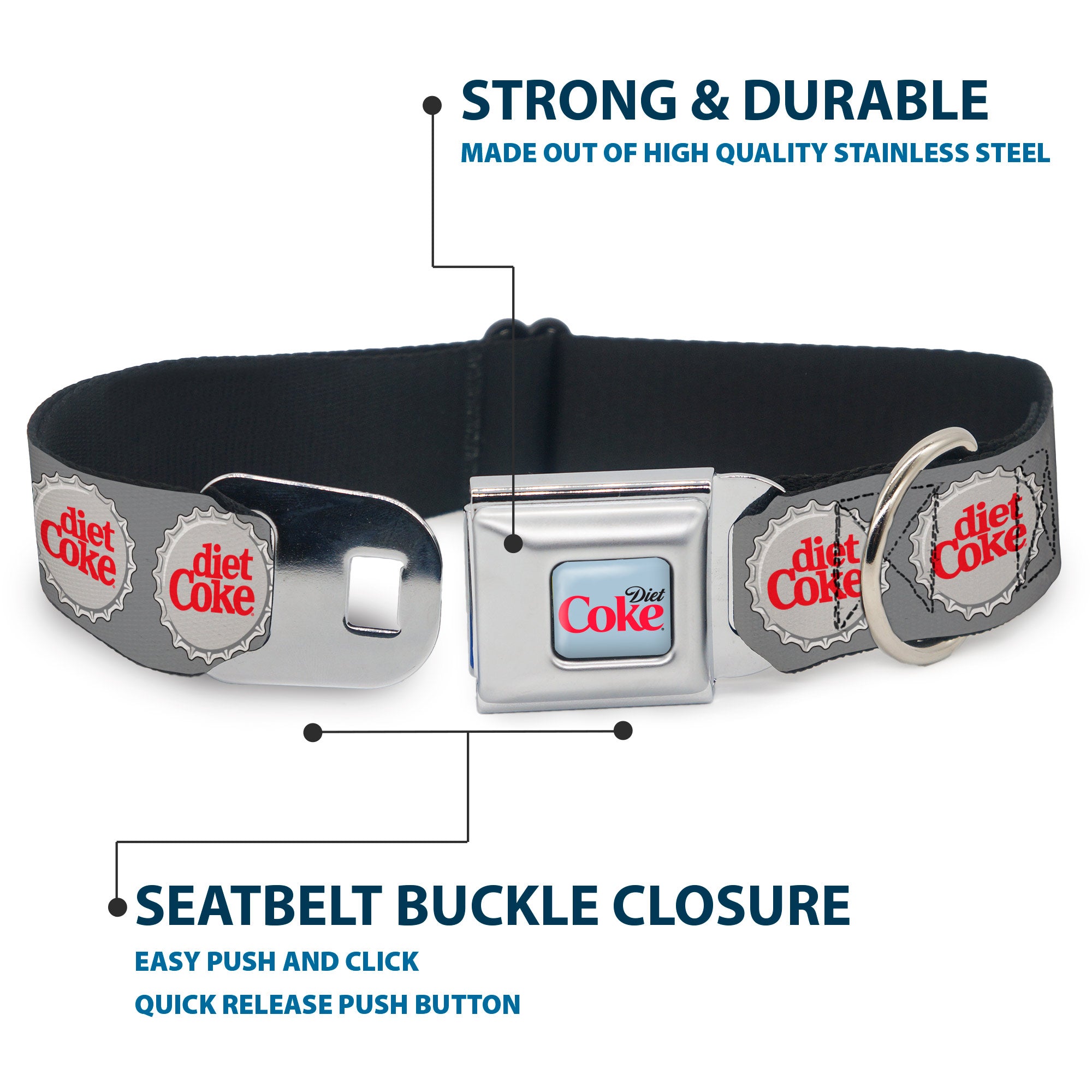 DIET COKE Logo Full Color Light Gray Seatbelt Buckle Collar - DIET COKE Bottle Caps Grays/White/Red Seatbelt Buckle Collars Coca-Cola