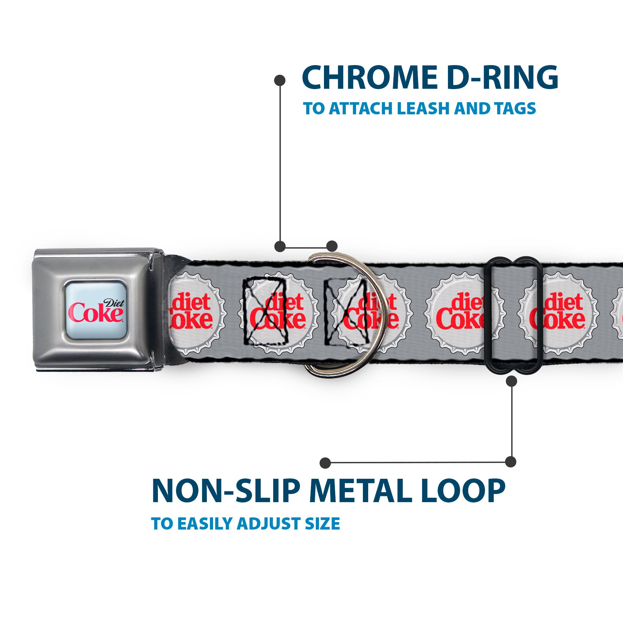 DIET COKE Logo Full Color Light Gray Seatbelt Buckle Collar - DIET COKE Bottle Caps Grays/White/Red Seatbelt Buckle Collars Coca-Cola
